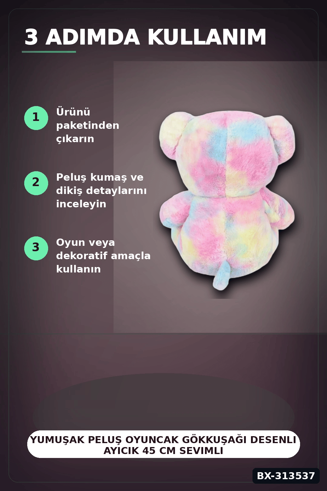 Yumuşak Peluş Oyuncak Gökkuşağı Desenli Ayıcık 45 cm Sevimli Hediye İçin Tekli BX-313537