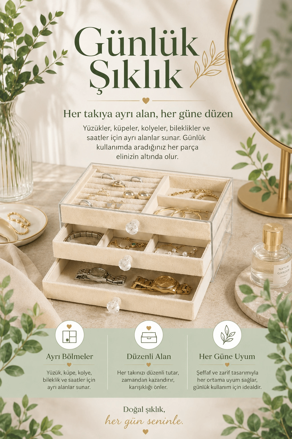 Yüzük Kolye Bileklik Saat İçin Çekmeceli Kadife Takı Organizer Kutusu