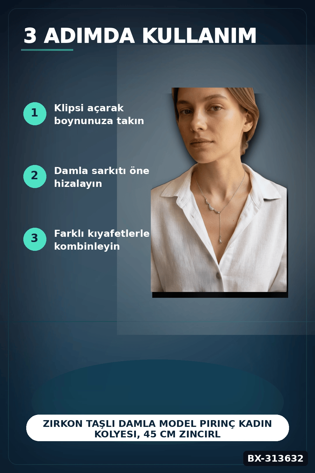 Zirkon Taşlı Damla Model Pirinç Kadın Kolyesi, 45 cm Zincirli Gümüş Renk Takı BX-313632