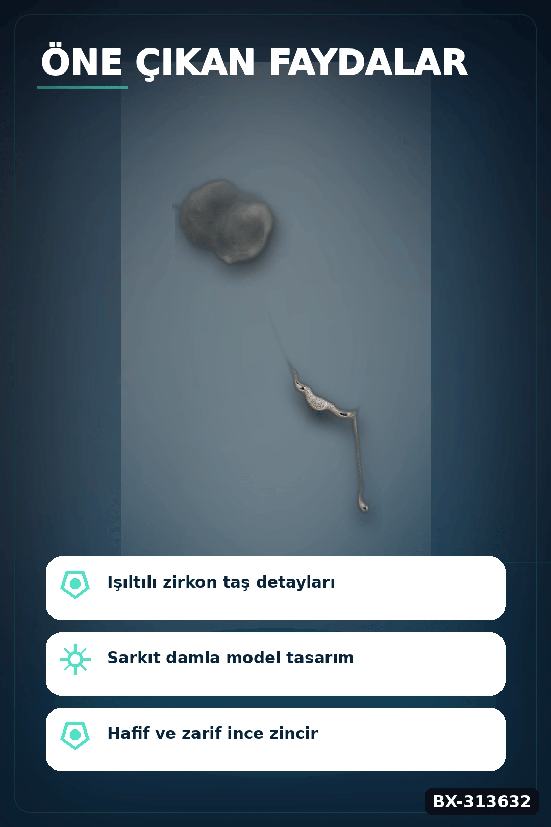 Zirkon Taşlı Damla Model Pirinç Kadın Kolyesi, 45 cm Zincirli Gümüş Renk Takı BX-313632