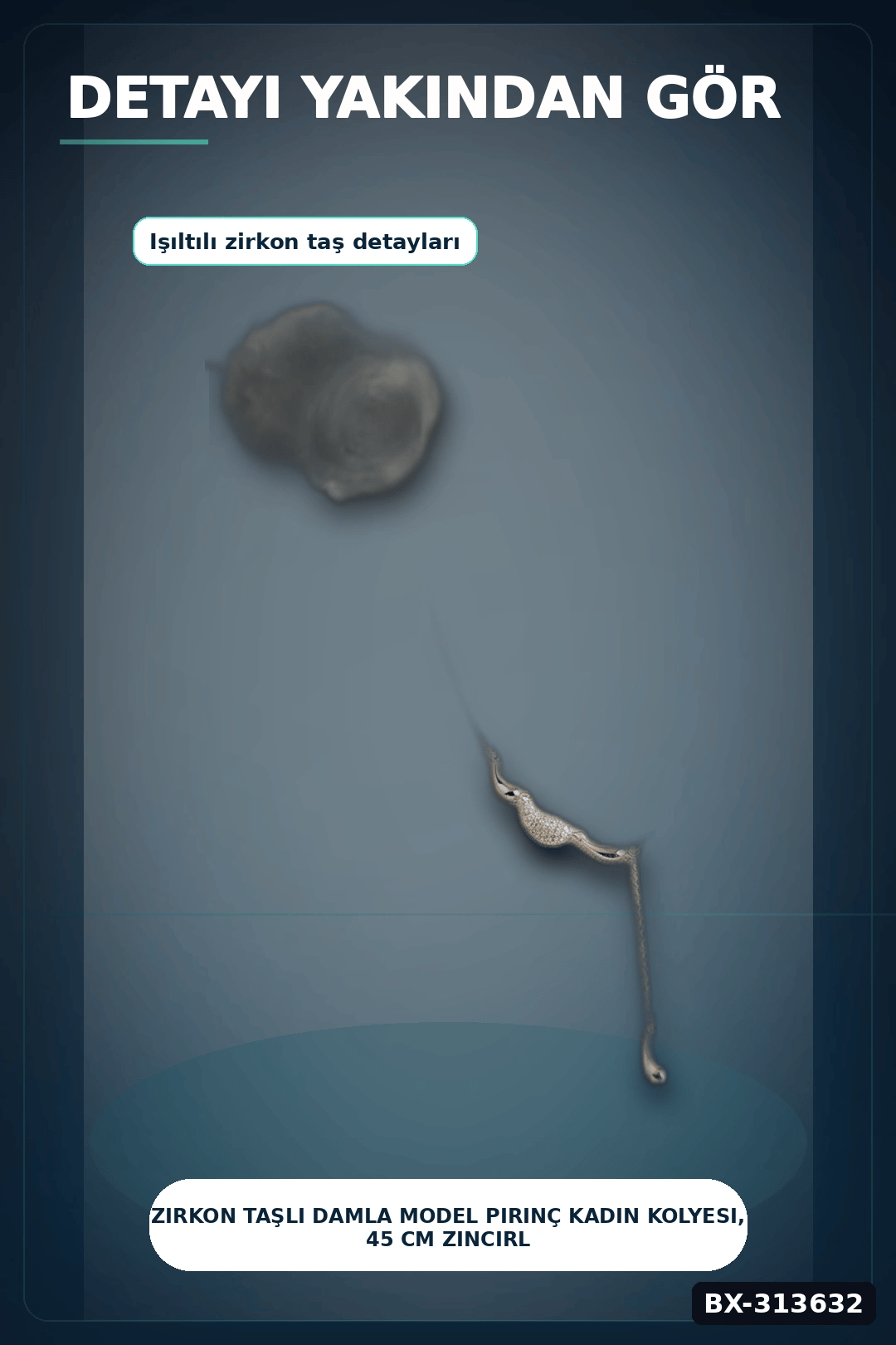 Zirkon Taşlı Damla Model Pirinç Kadın Kolyesi, 45 cm Zincirli Gümüş Renk Takı BX-313632