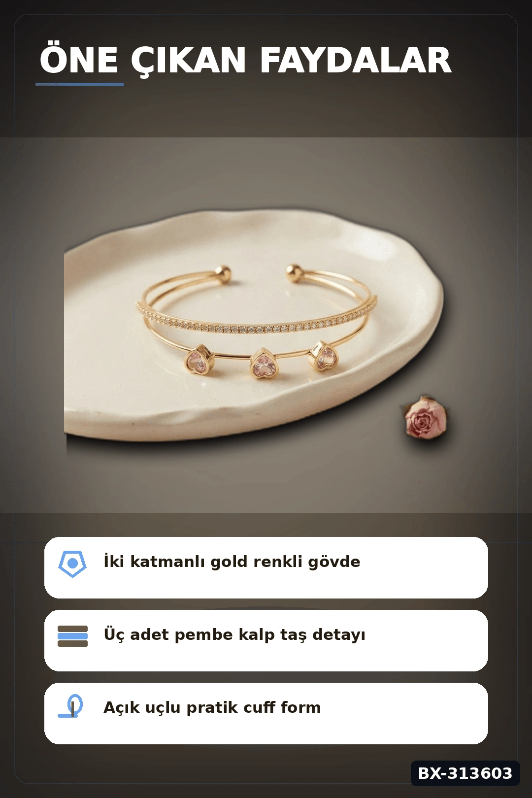 Zirkon Taşlı Kalp Kolye Ucu Gold Bileklik - Pirinç Materyal Kadın Aksesuarı BX-313603