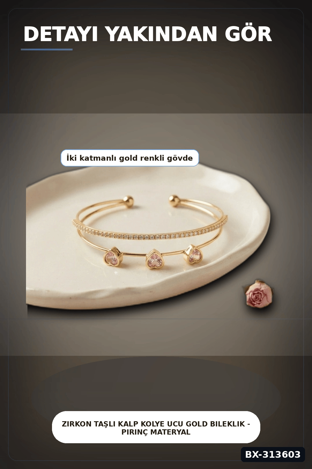 Zirkon Taşlı Kalp Kolye Ucu Gold Bileklik - Pirinç Materyal Kadın Aksesuarı BX-313603