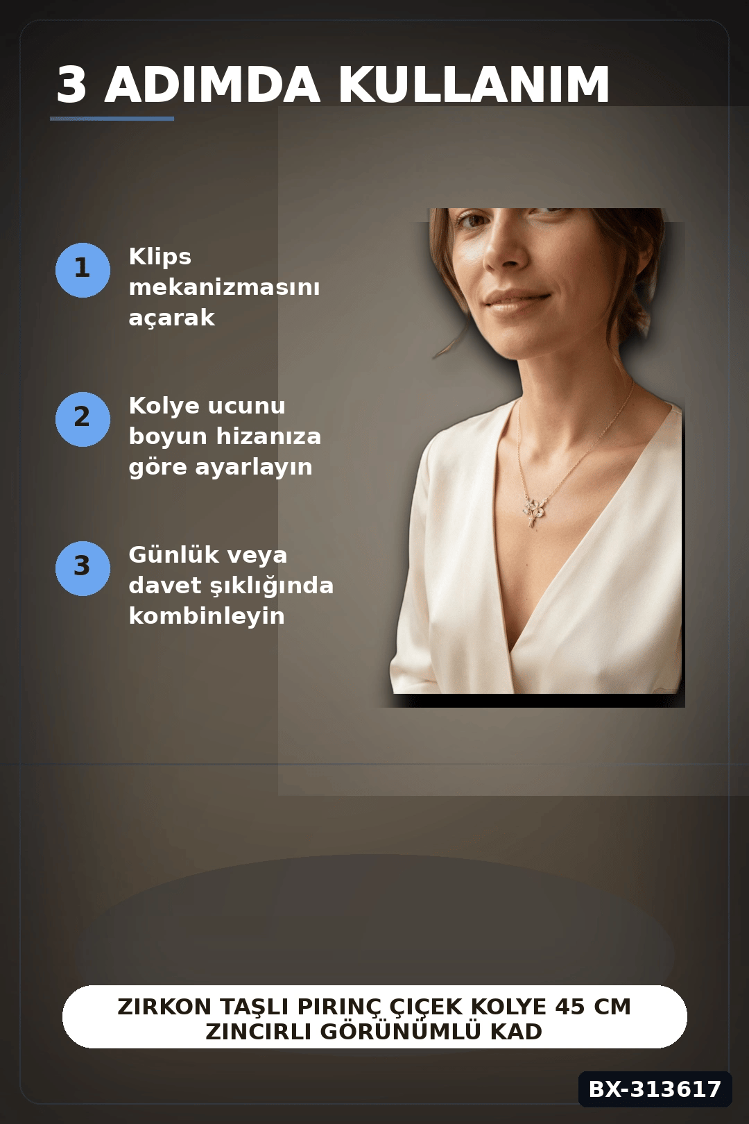 Zirkon Taşlı Pirinç Çiçek Kolye 45 cm Zincirli Görünümlü Kadın Takısı BX-313617