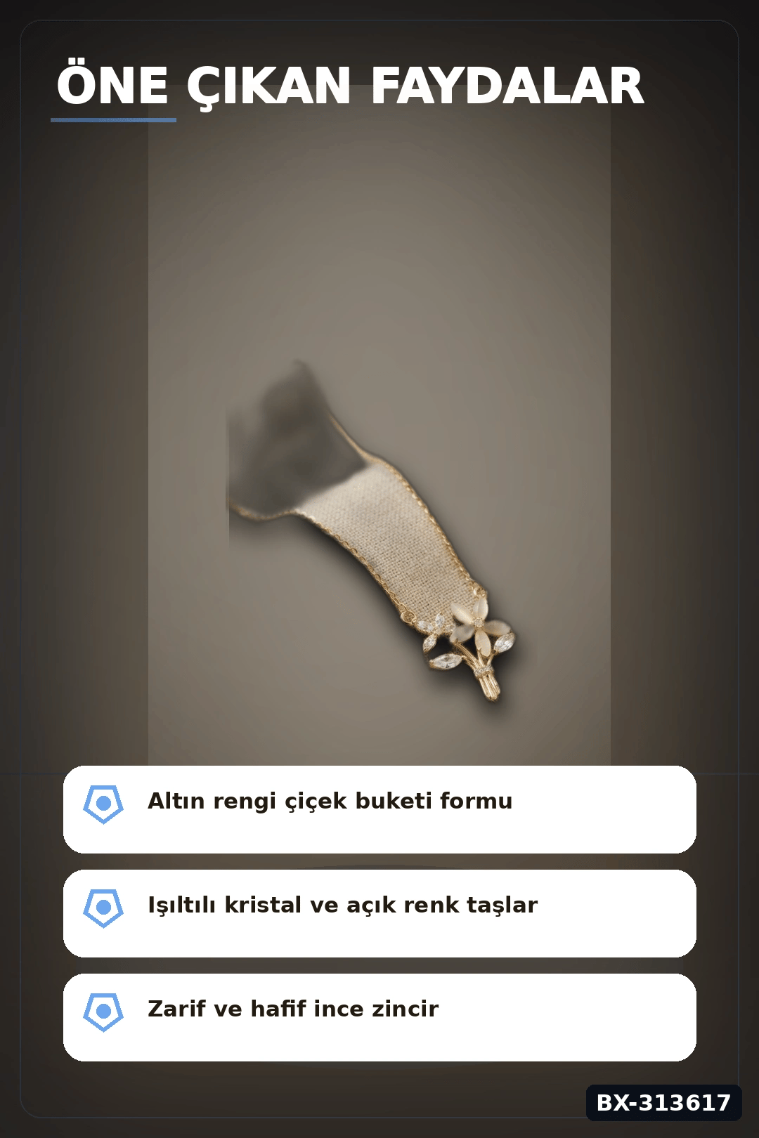 Zirkon Taşlı Pirinç Çiçek Kolye 45 cm Zincirli Görünümlü Kadın Takısı BX-313617