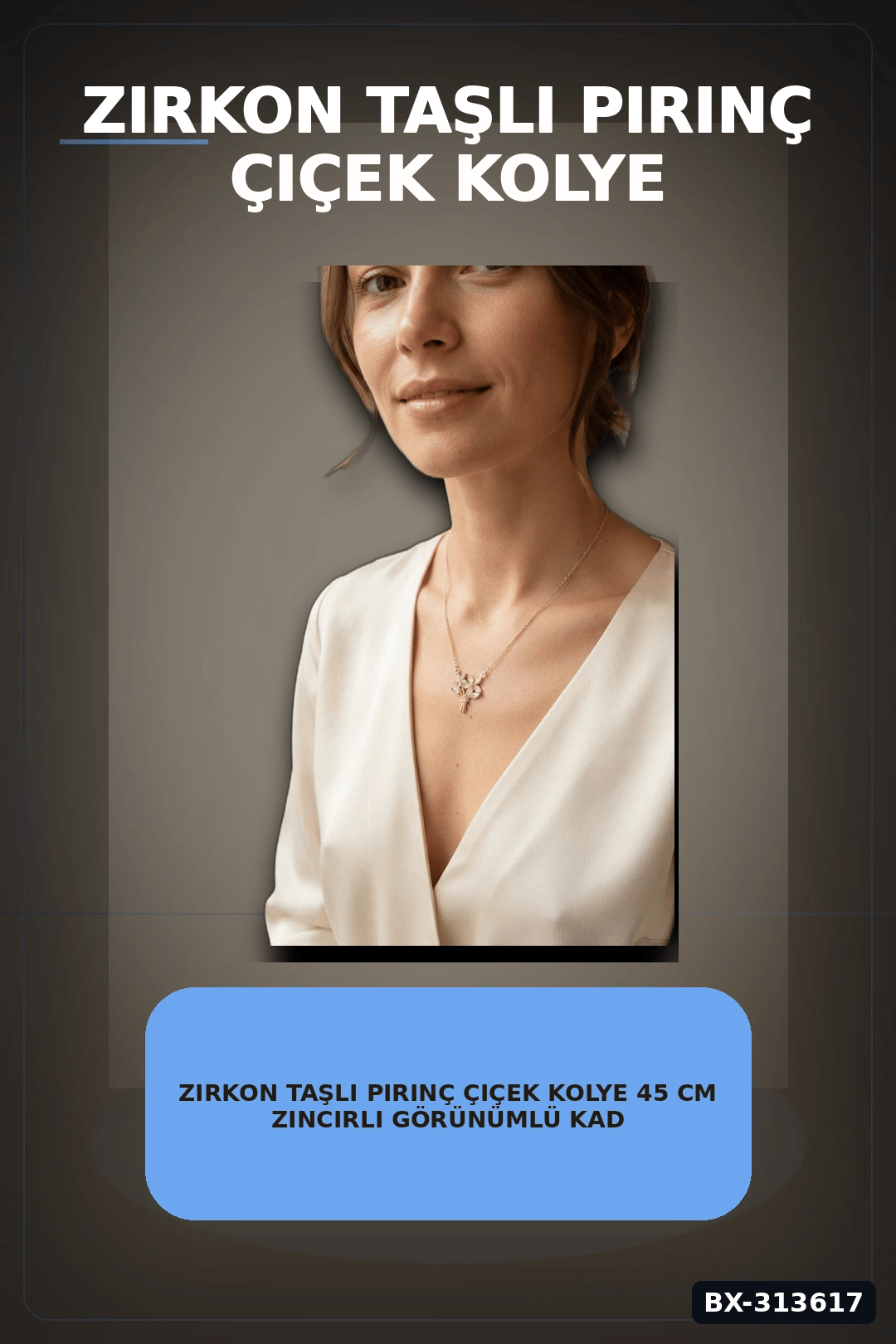 Zirkon Taşlı Pirinç Çiçek Kolye 45 cm Zincirli Görünümlü Kadın Takısı BX-313617