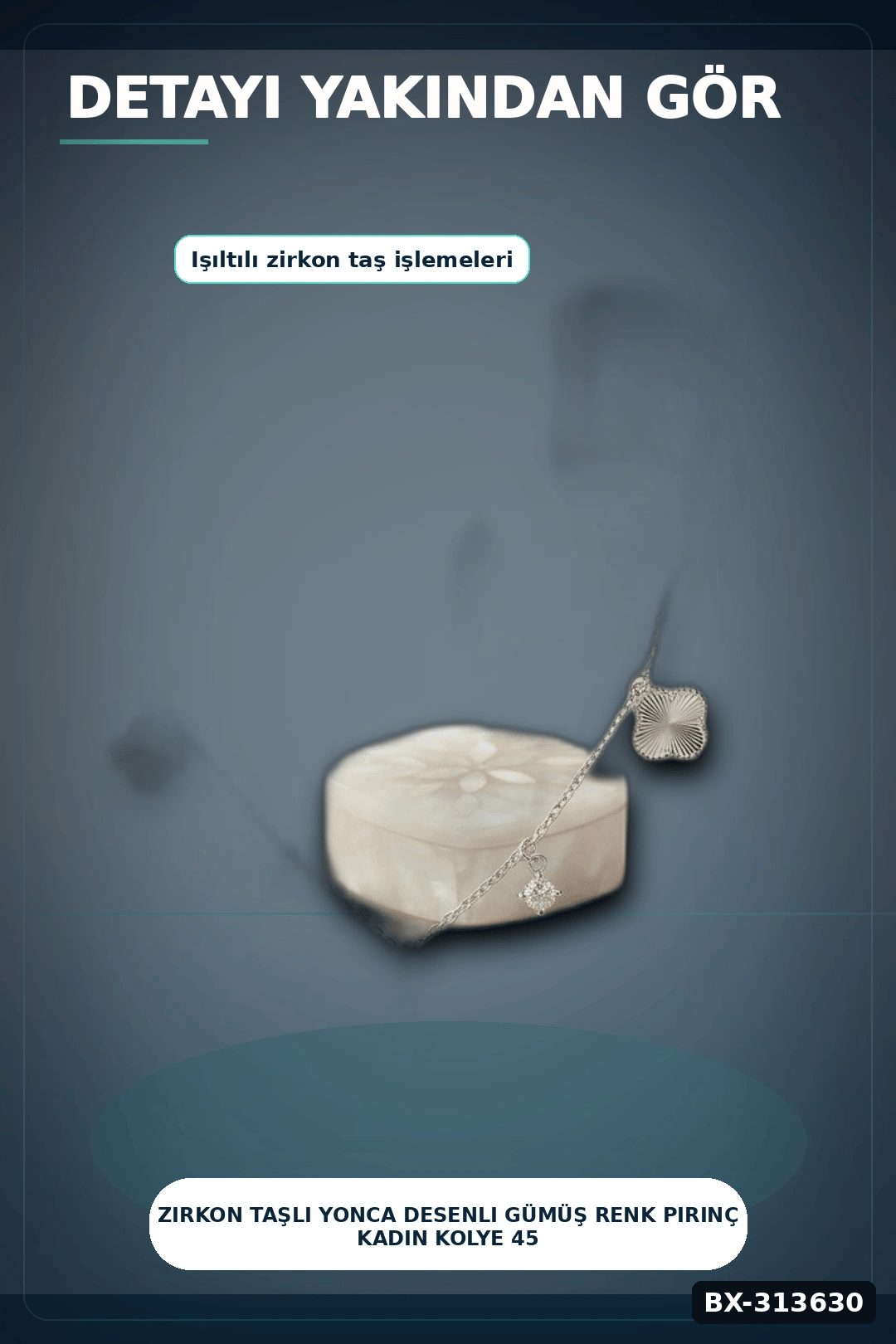 Zirkon Taşlı Yonca Desenli Gümüş Renk Pirinç Kadın Kolye 45 cm Zincirli BX-313630