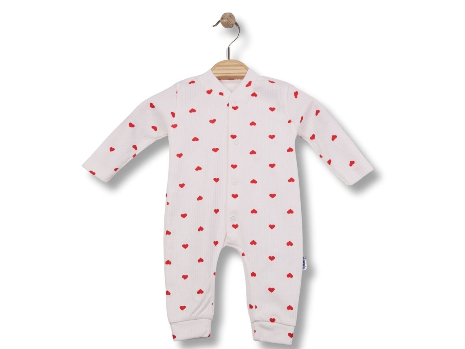 KIRMIZI KALP DESENLİ PAMUKLU BEBEK TULUMU