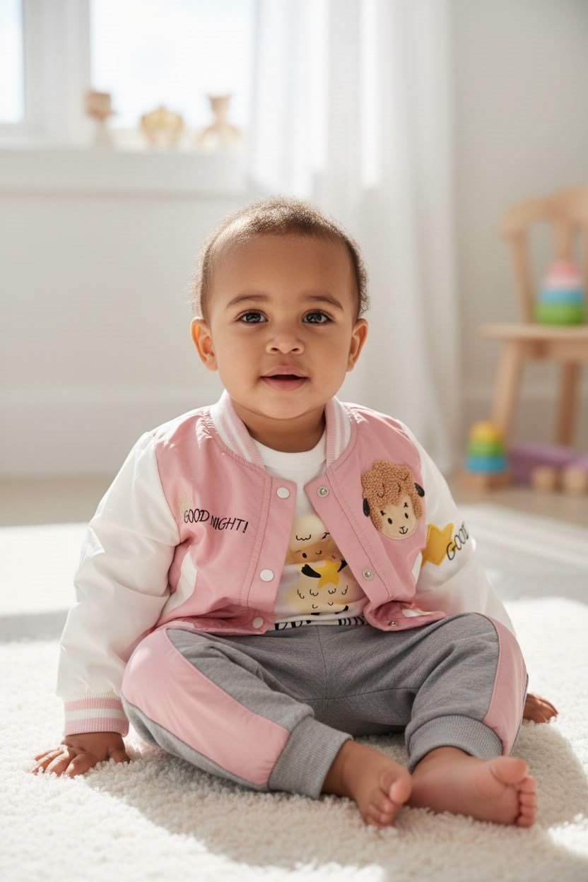 KIZ BEBEK ÇOCUK 3 PARÇA KUZU NAKIŞLI YAĞMURLUKLU EŞOFMAN TAKIMI