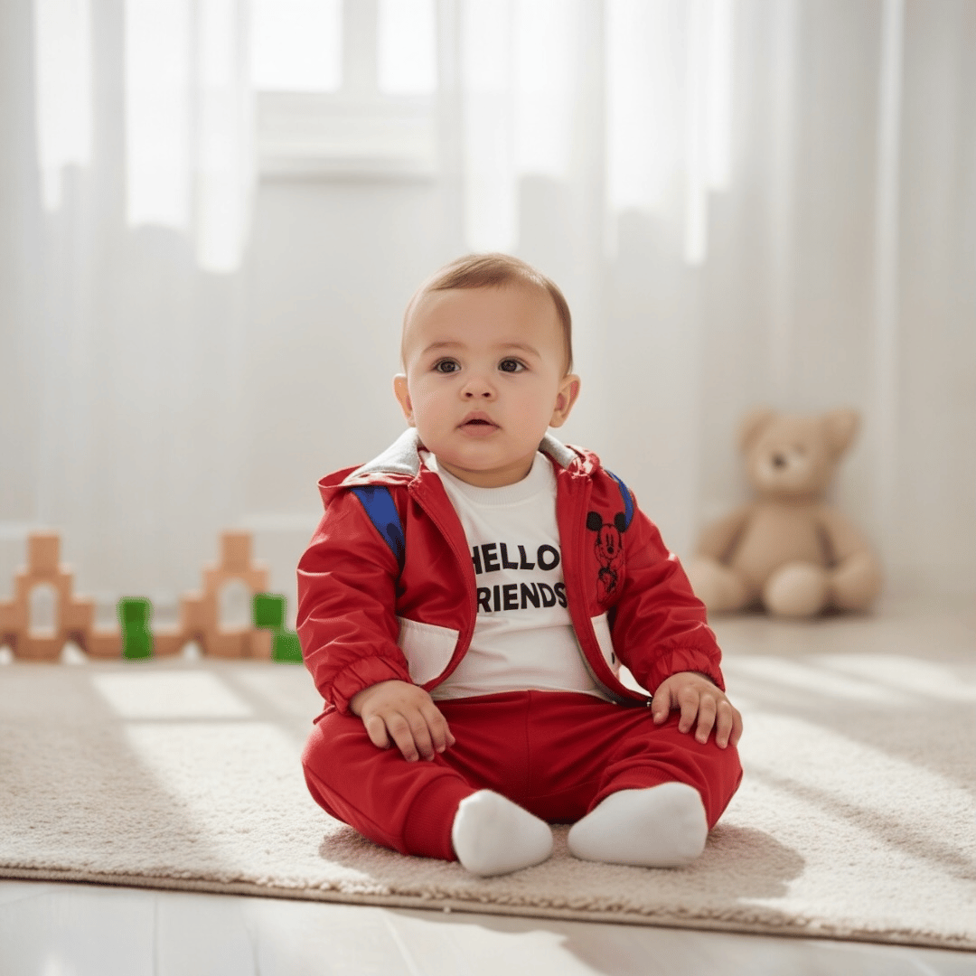 MİCKEY BASKILI ERKEK BEBEK 3 PARÇA KIRMIZI YAĞMURLUKLU EŞOFMAN TAKIMI