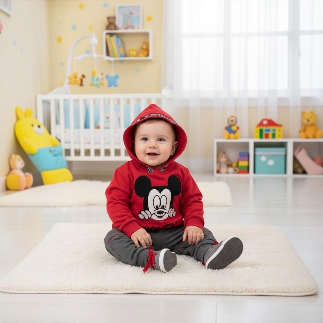 MİCKEY MOUSE NAKIŞLI KAPÜŞONLU 2 PARÇA BEBEK TAKIMI