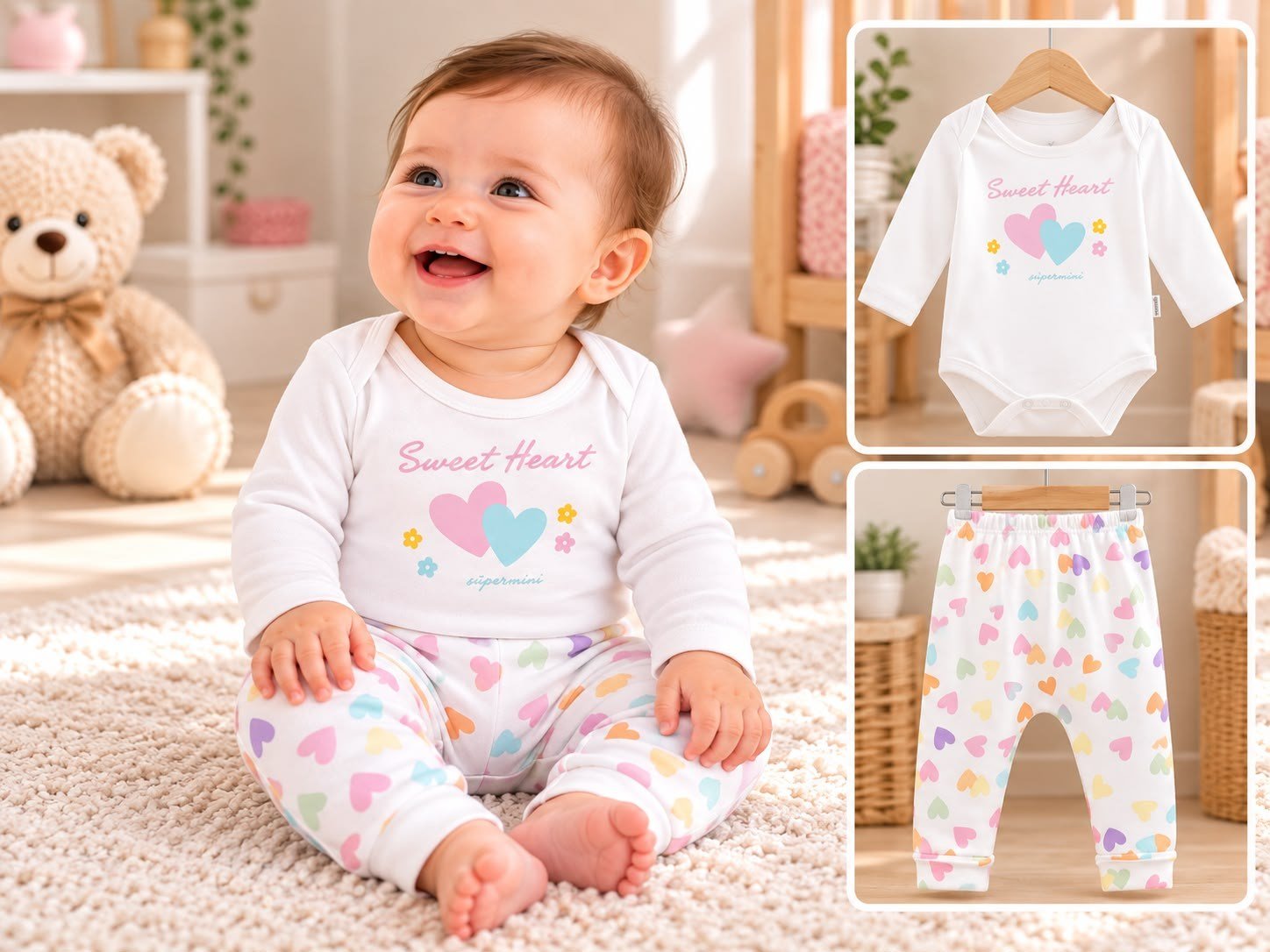 RENKLİ KALP DESENLİ ÇITÇIT BADİLİ BEBEK TAKIMI