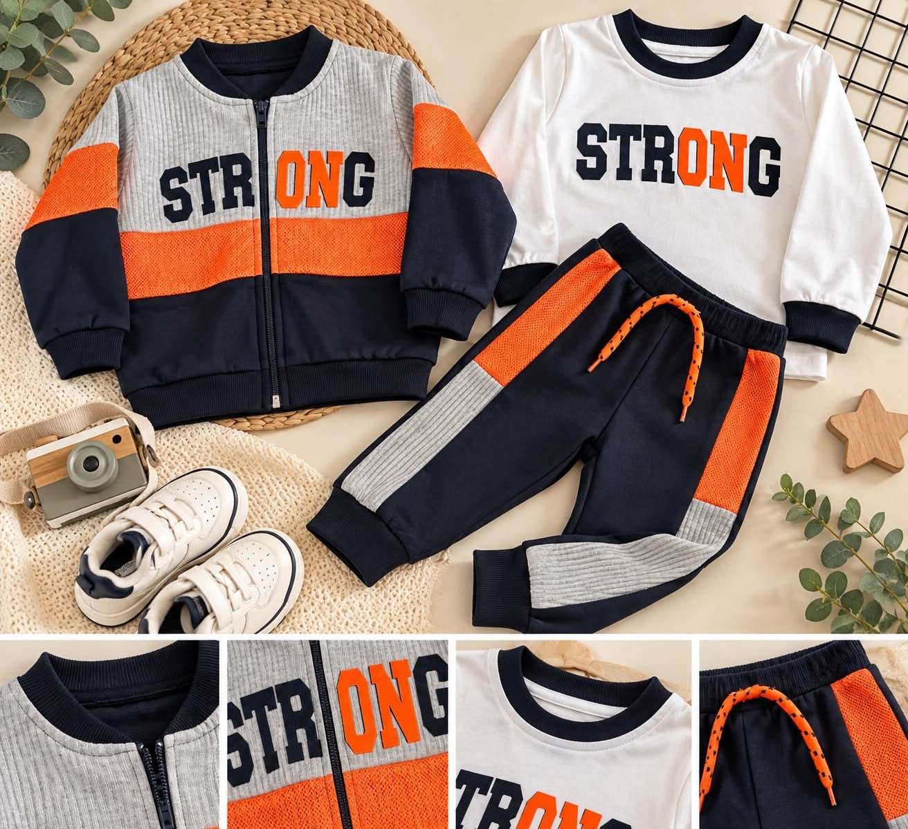 STRONG BASKILI NEON RENK DETAYLI 3 PARÇA ERKEK ÇOCUK TAKIMI