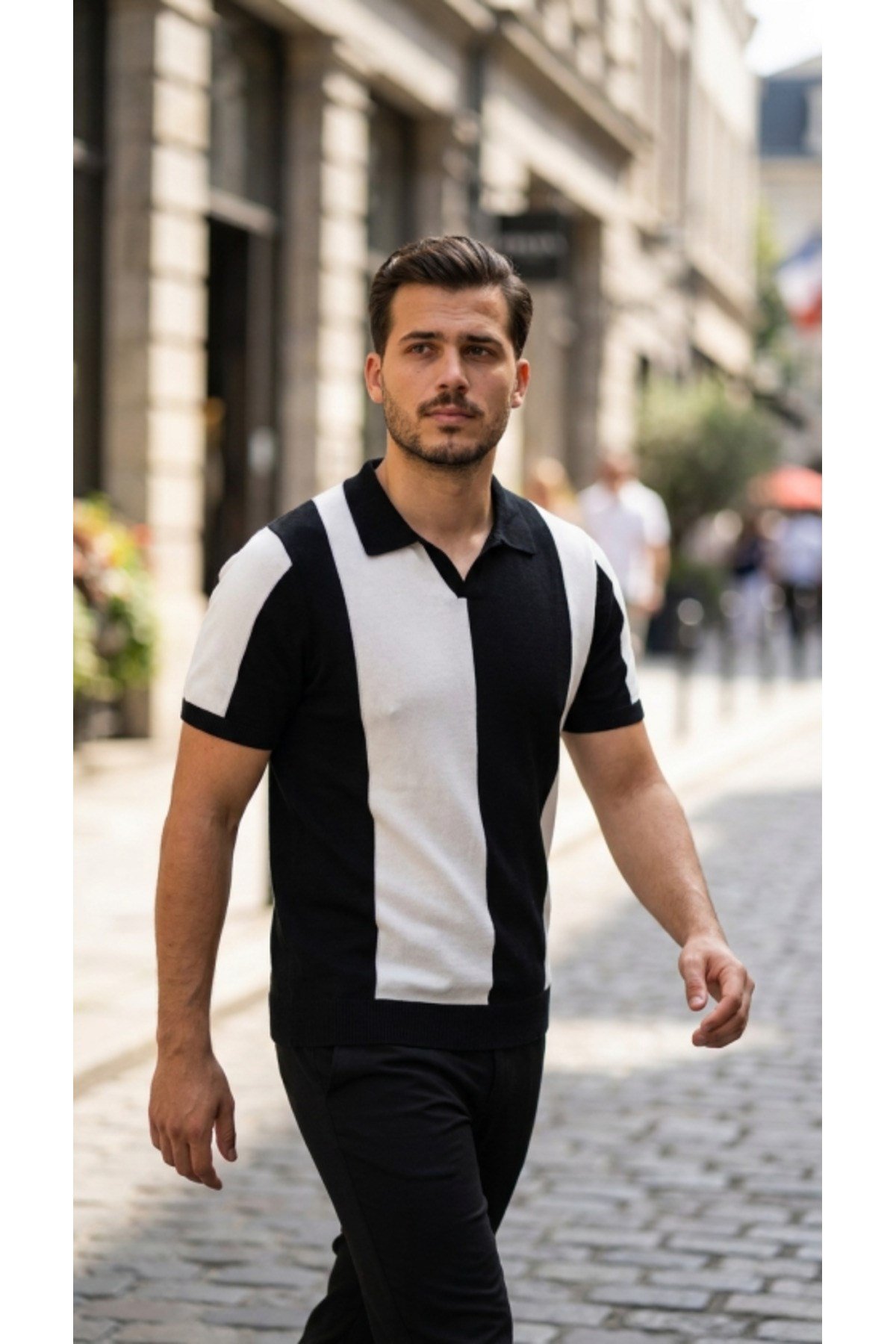 Erkek Kısa Kollu Polo Yakalı Blok Desenli Triko Bluz