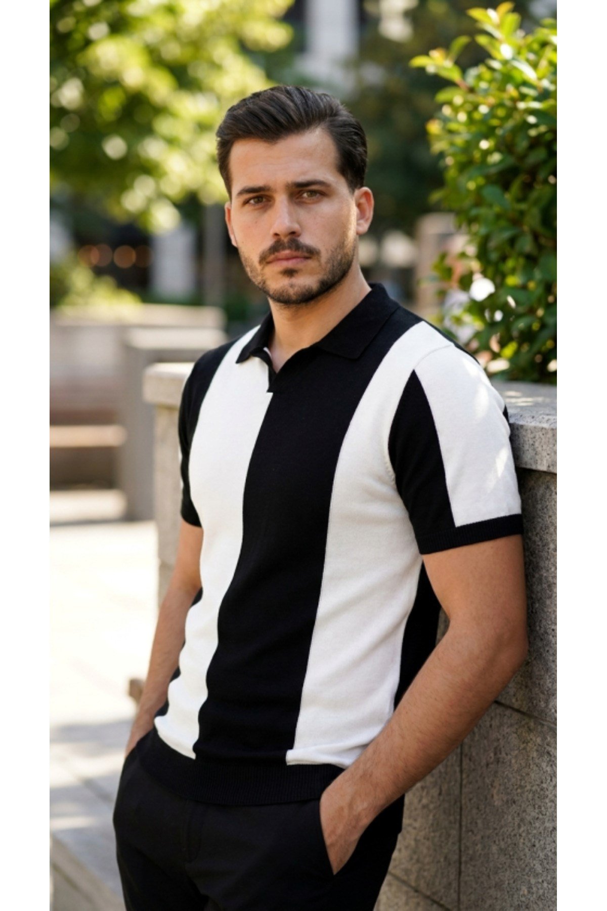 Erkek Kısa Kollu Polo Yakalı Blok Desenli Triko Bluz