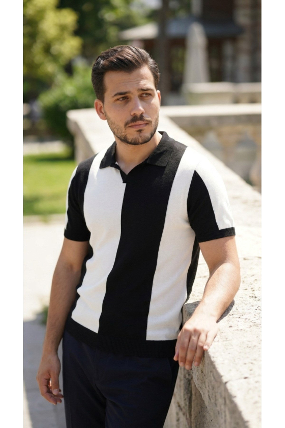 Erkek Kısa Kollu Polo Yakalı Blok Desenli Triko Bluz