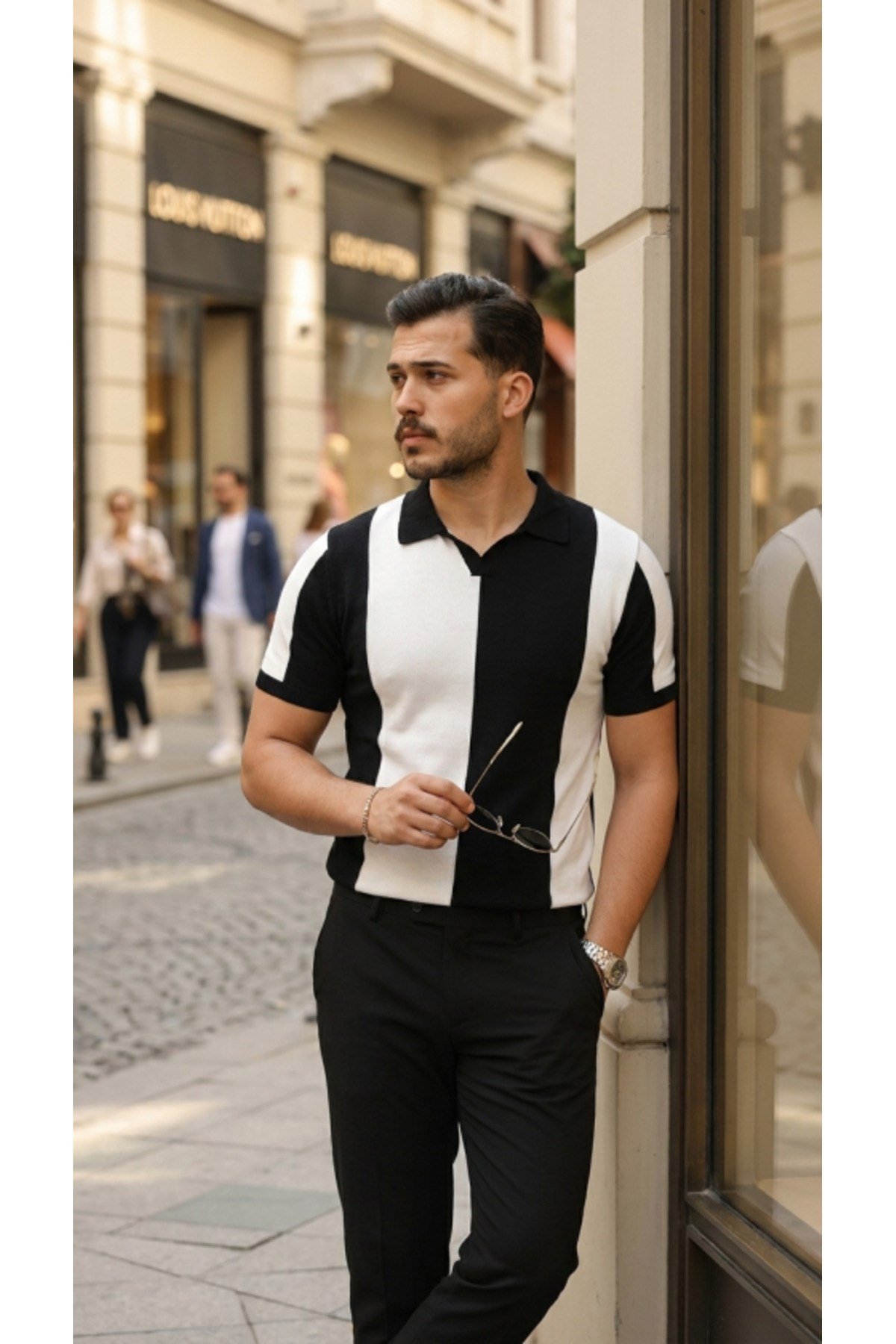 Erkek Kısa Kollu Polo Yakalı Blok Desenli Triko Bluz