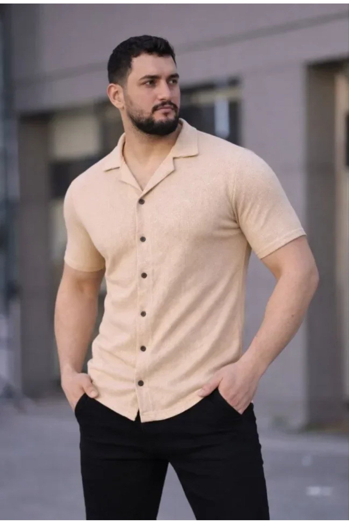Erkek Waffle Dokuma Açık Yakalı Düğmeli Regular Kalıp 2’li Gömlek Seti - Haki - Bej