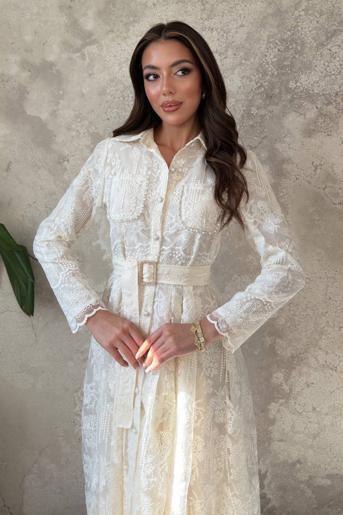 Bej Taşlı Elbise