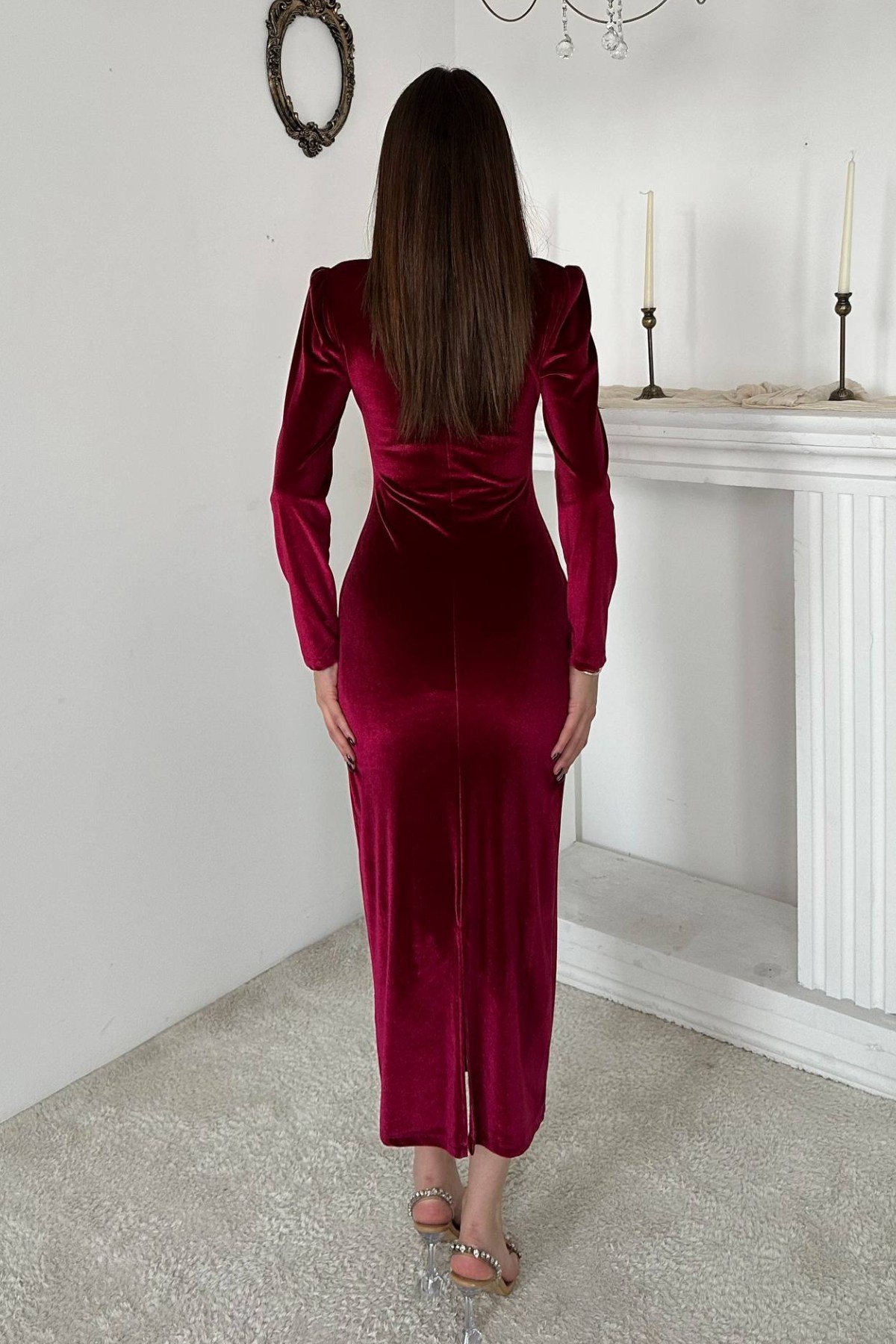 Bordo Kadife Işıltılı Elbise
