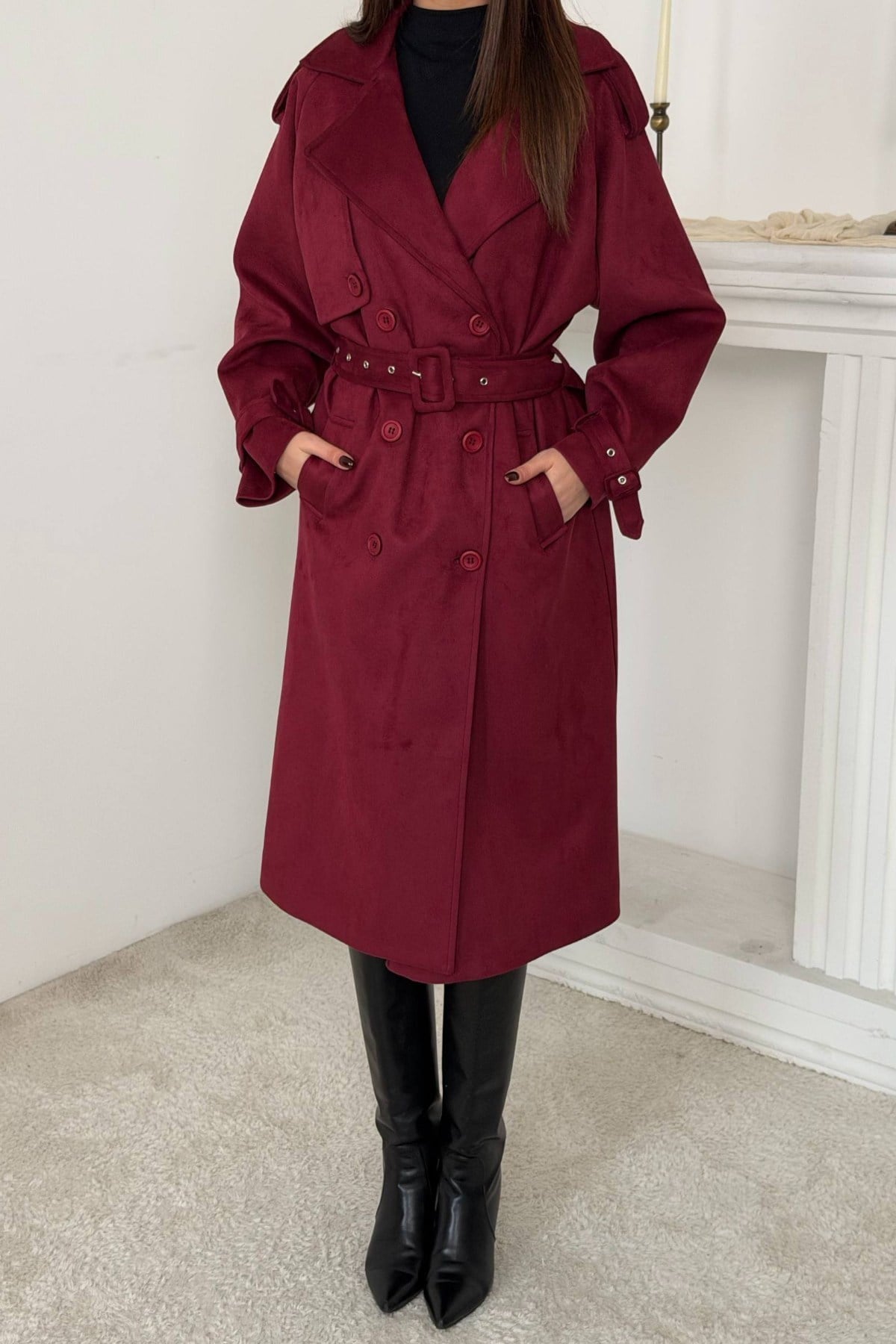Bordo Reglan Kollu Süet Trençkot