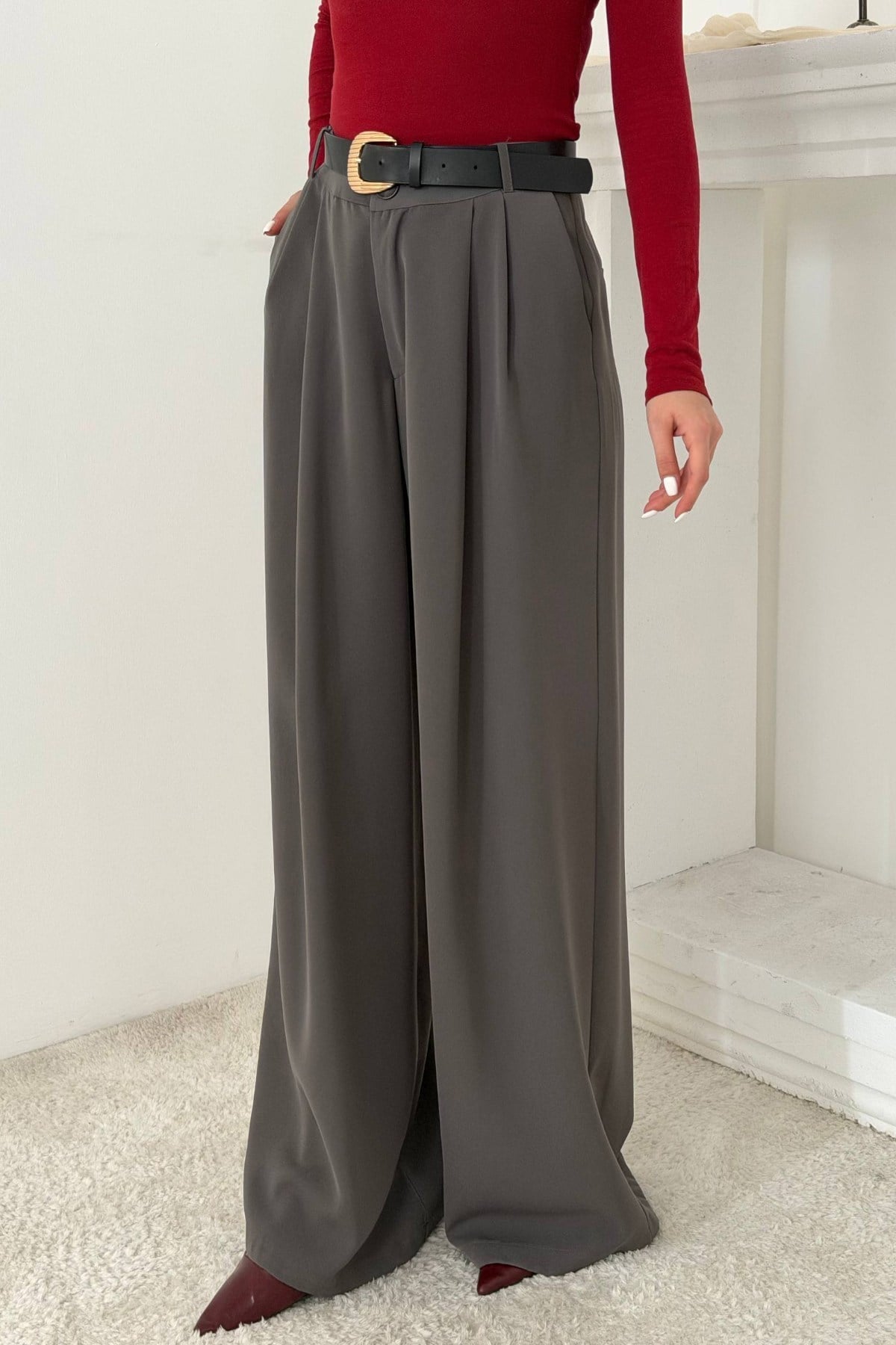 Füme Pileli Comfort Pantolon