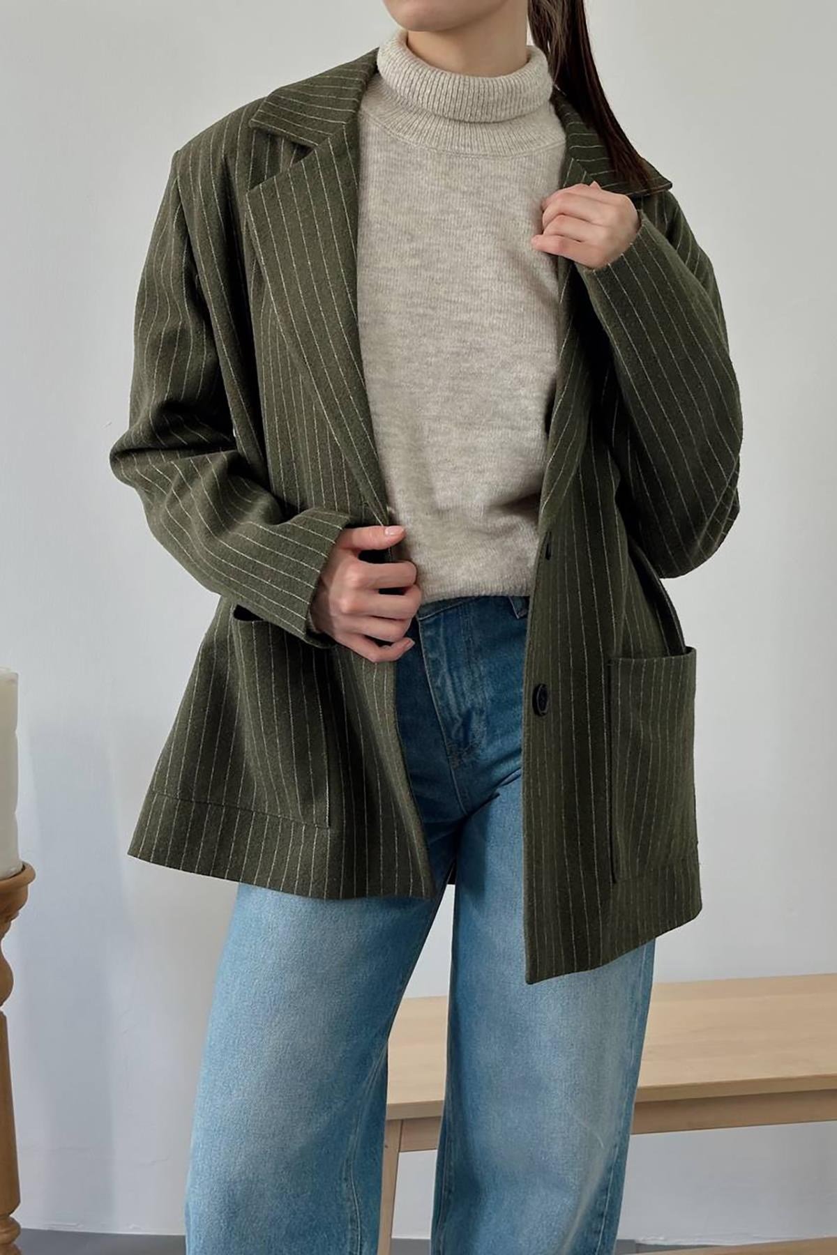 Haki Çizgili Oversize Ceket