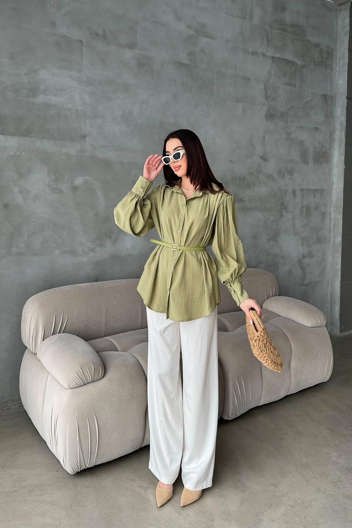 Olive Kemer Detaylı Modal Gömlek