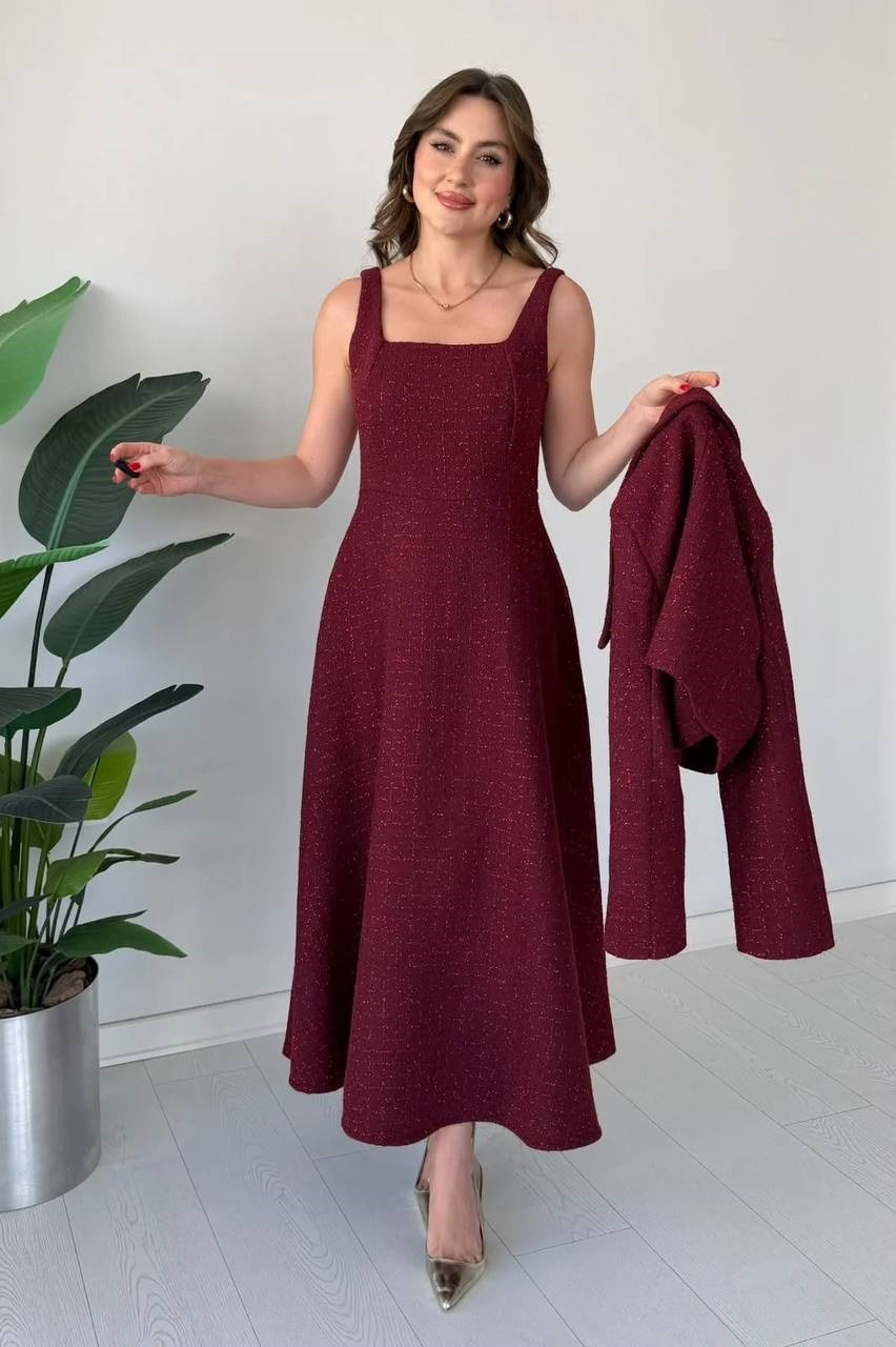 Zarafetin Modern Yorumu: Premium Dokulu Elbise & Ceket Takım Bordo