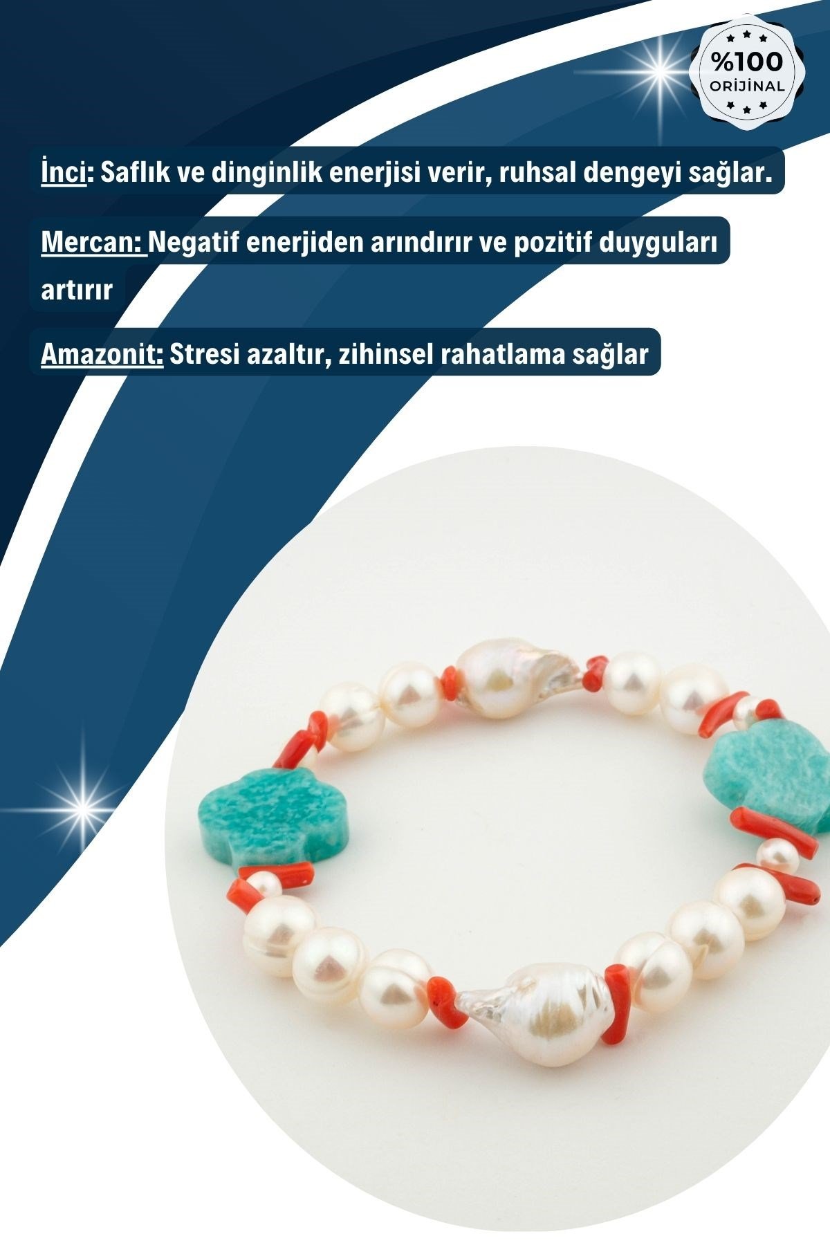 %100 Garantili İnci-Mercan-Amazonit DoğalTaş Bileklik
