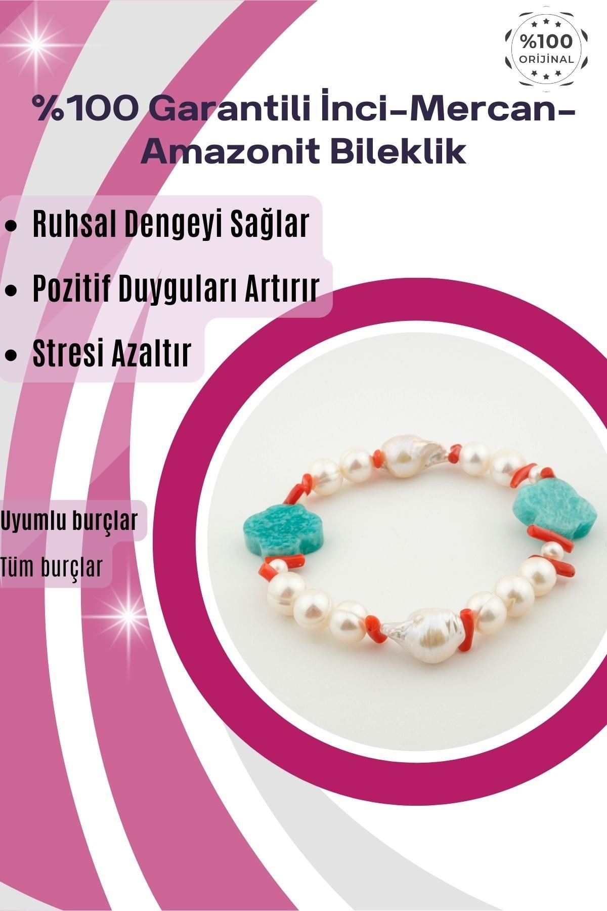 %100 Garantili İnci-Mercan-Amazonit DoğalTaş Bileklik