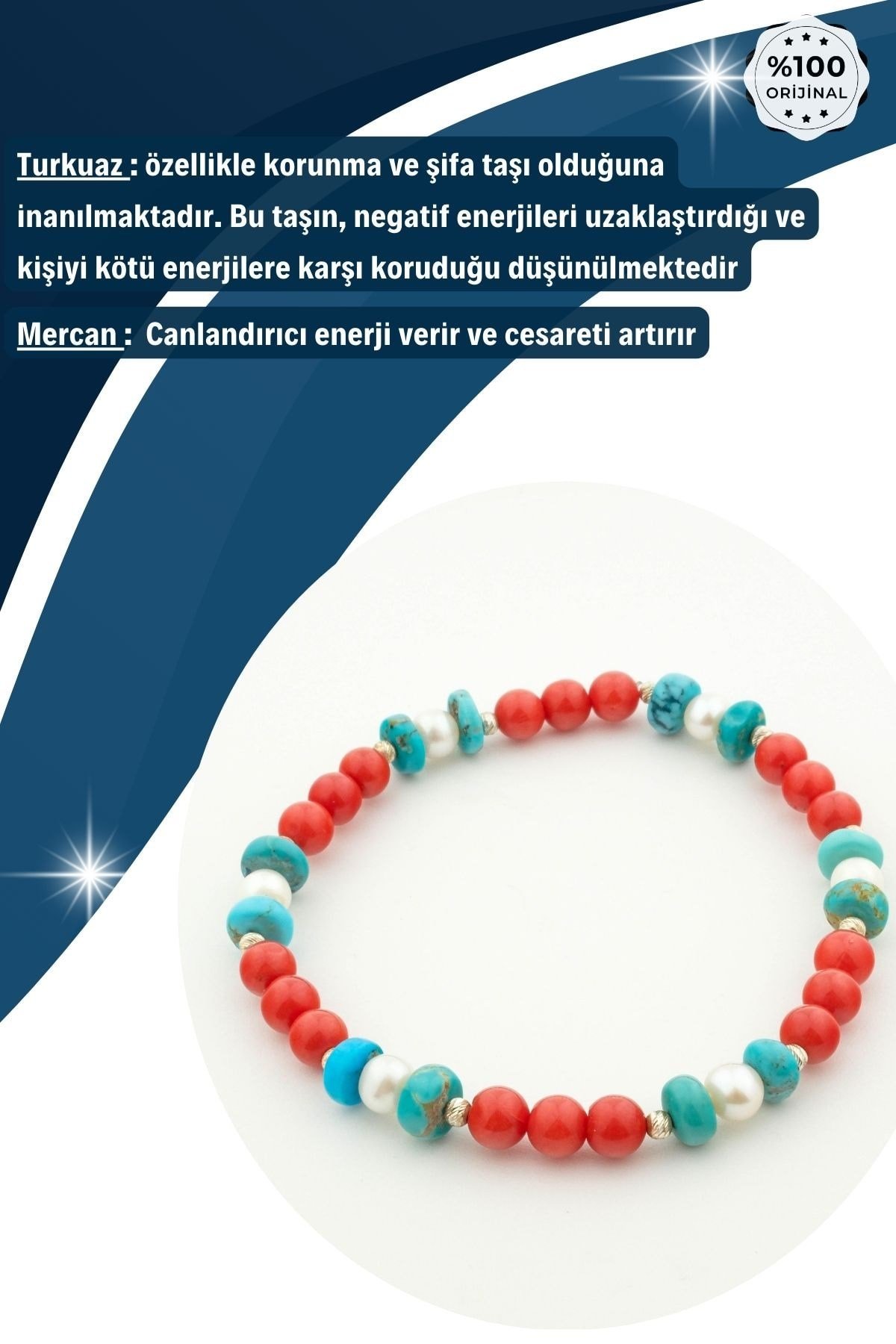 %100 Garantili Mercan-İnci-Turkuaz Bileklik