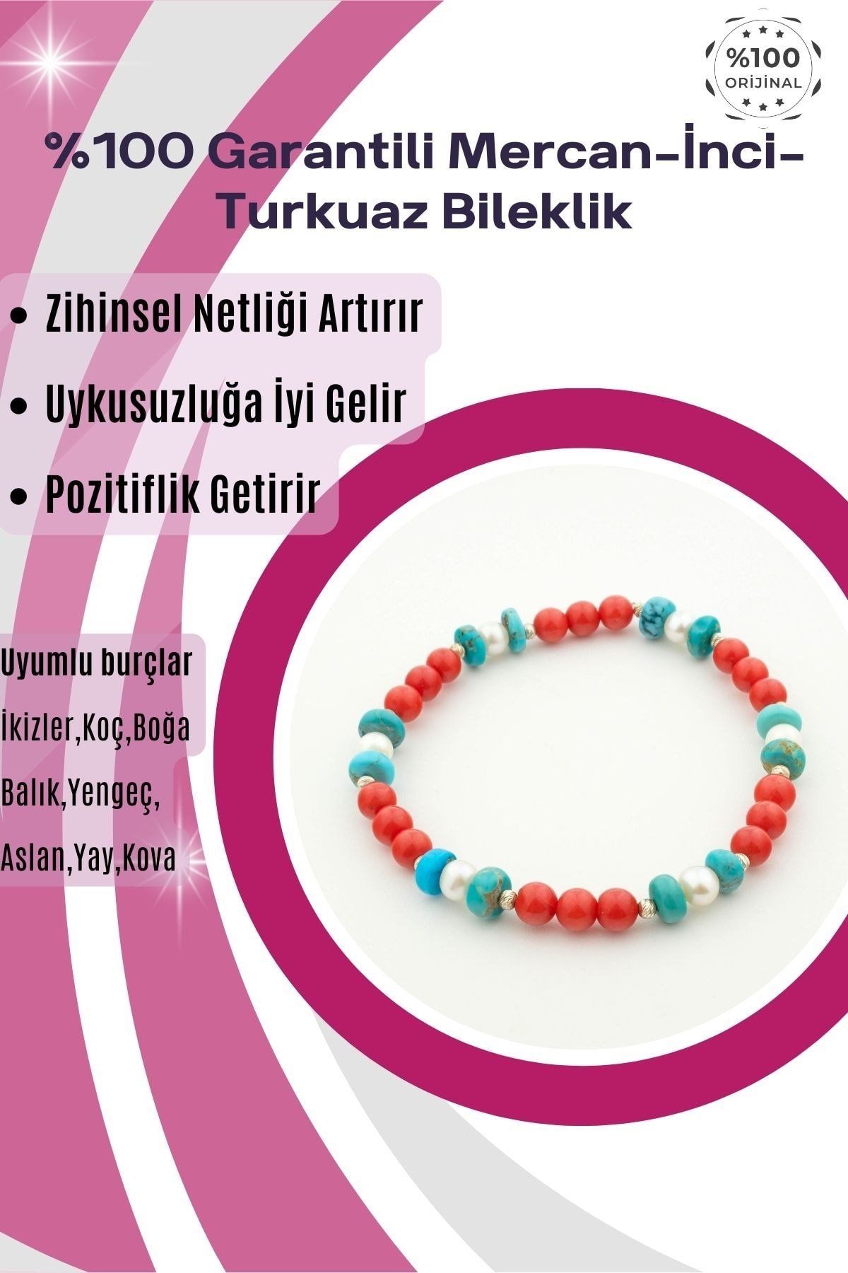 %100 Garantili Mercan-İnci-Turkuaz Bileklik