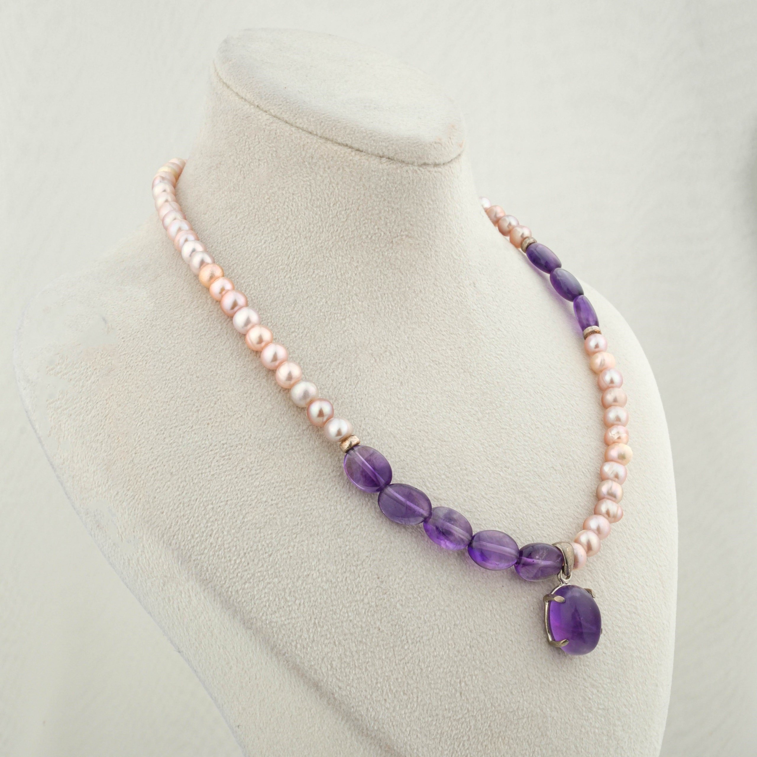 %100 Garantili Pembe İnci-Ametist Gümüş Uçlu Kolye - 40CM