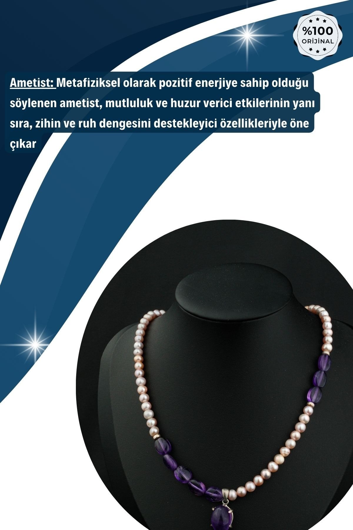 %100 Garantili Pembe İnci-Ametist Gümüş Uçlu Kolye - 40CM