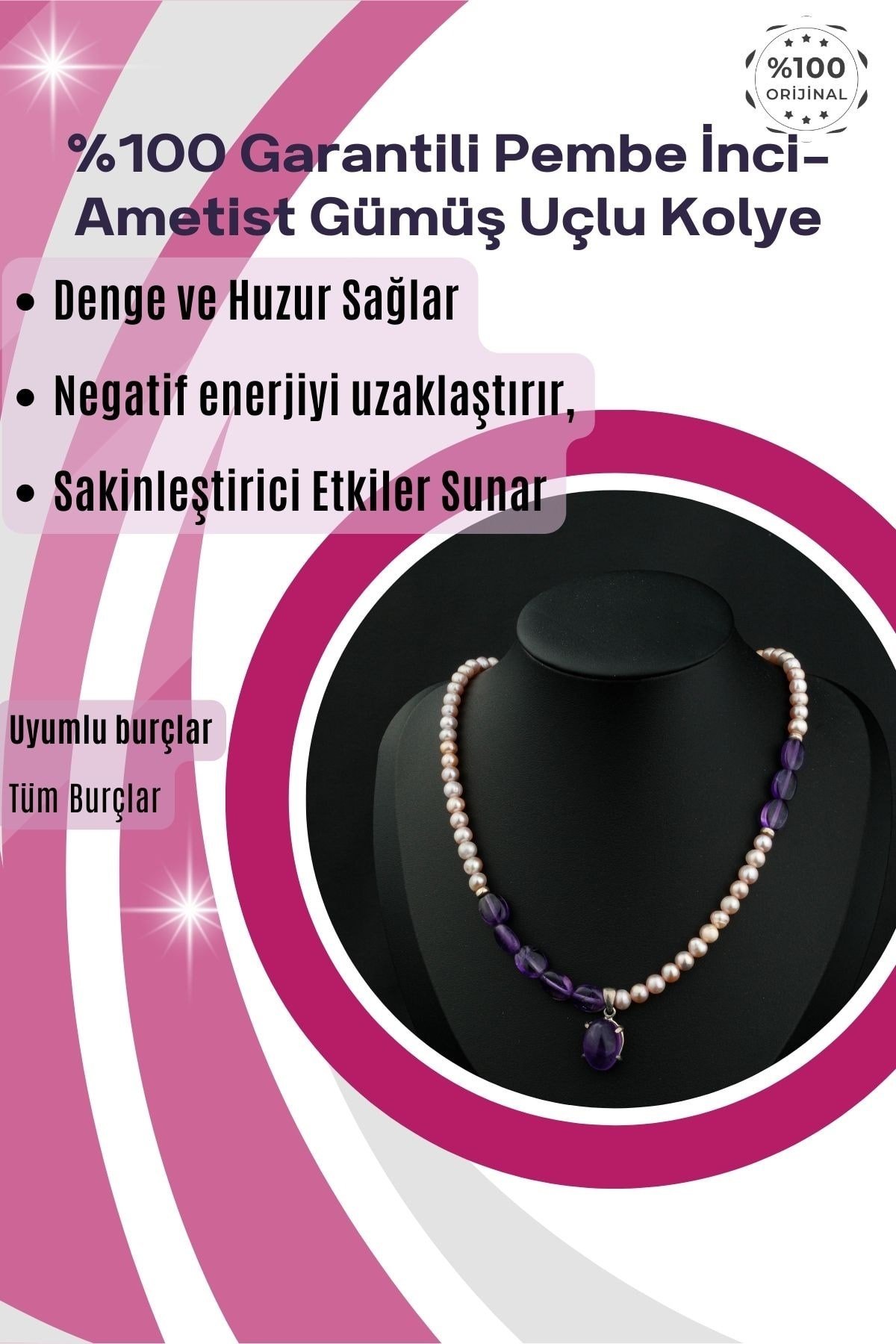 %100 Garantili Pembe İnci-Ametist Gümüş Uçlu Kolye - 40CM