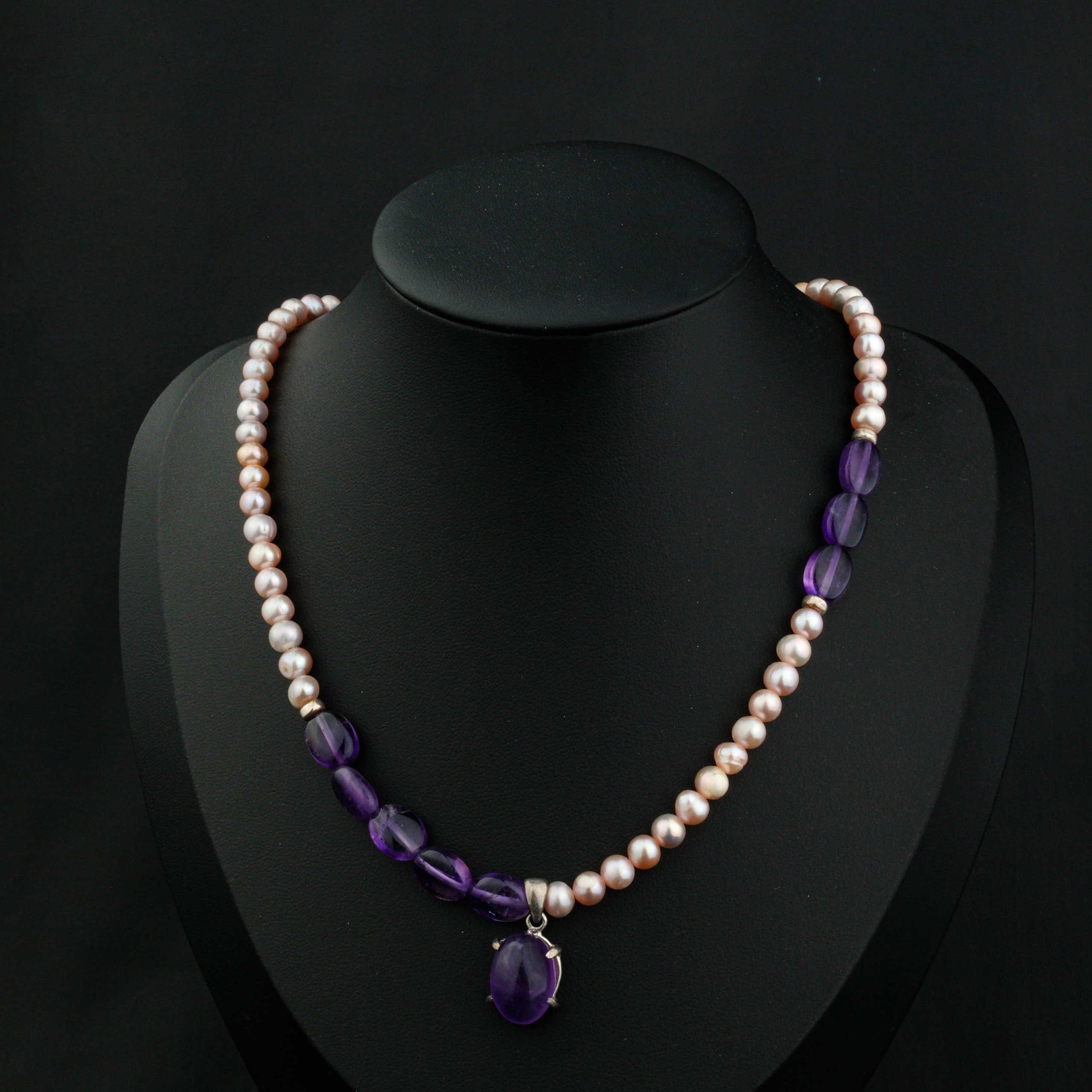 %100 Garantili Pembe İnci-Ametist Gümüş Uçlu Kolye - 40CM