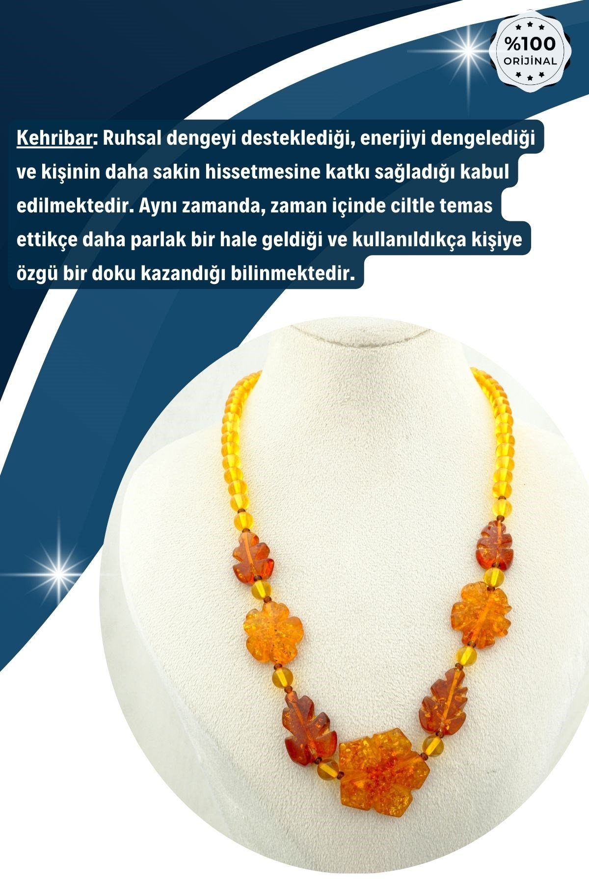 Damla Kehribar Kolye %100 Garantili Ciçek ve Yaprak Desenli -45 cm