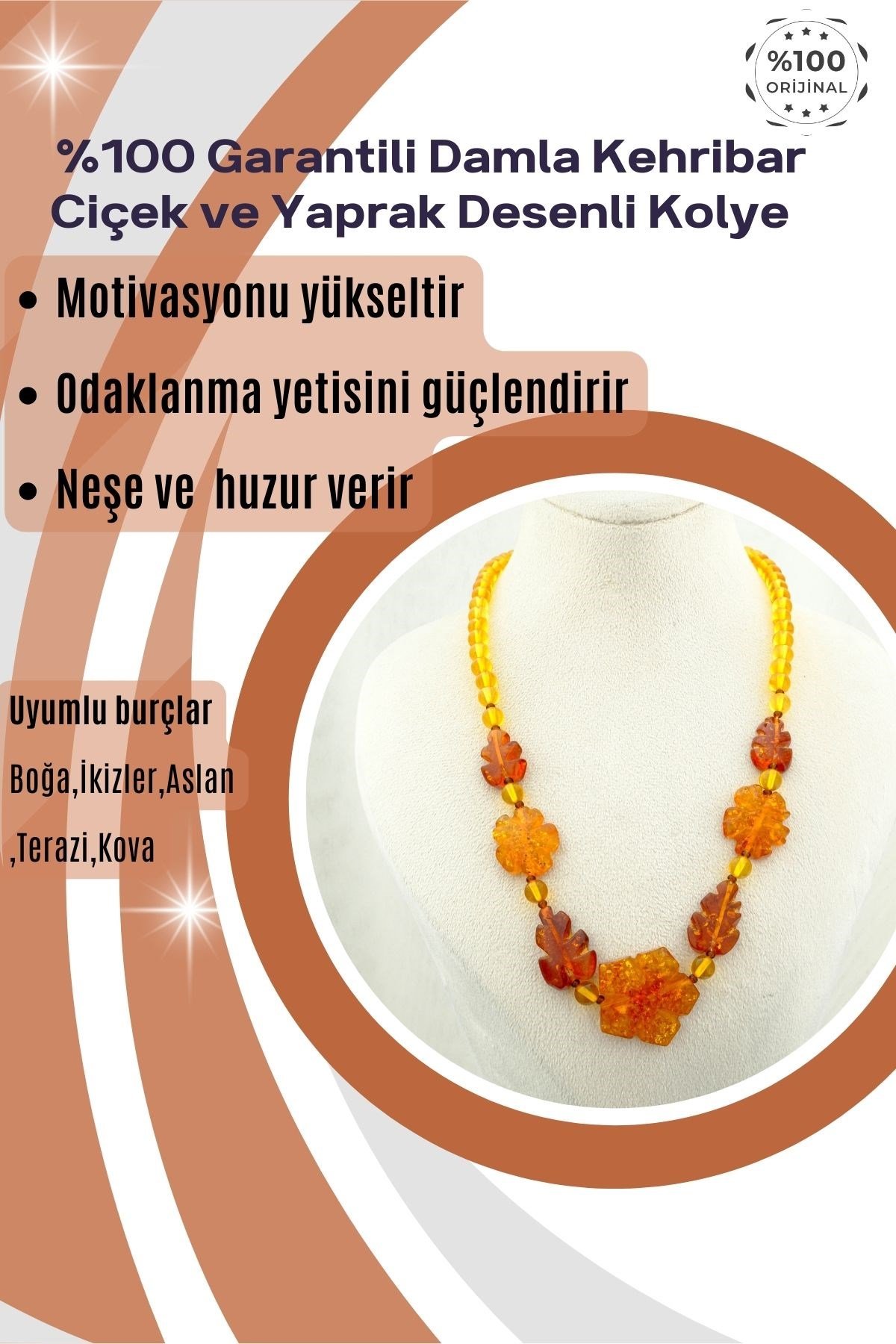 Damla Kehribar Kolye %100 Garantili Ciçek ve Yaprak Desenli -45 cm