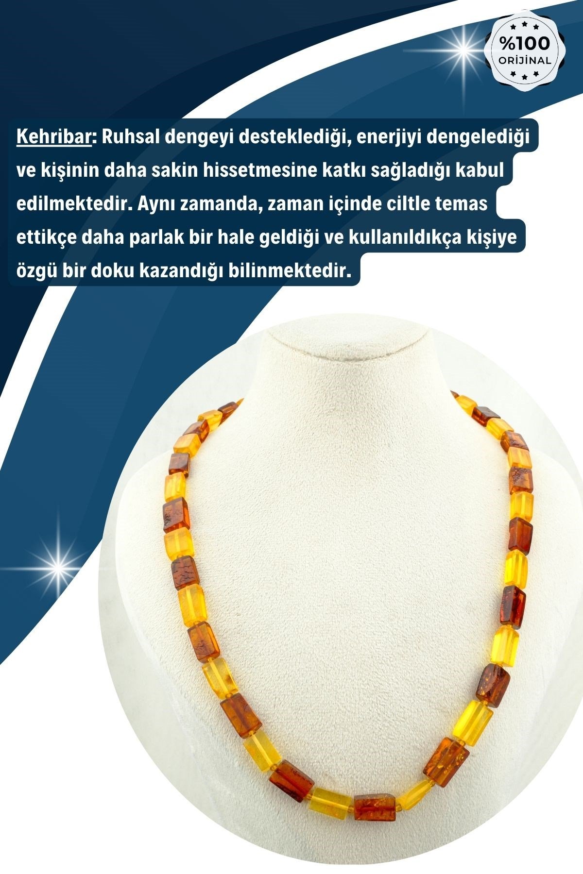 Damla Kehribar Kolye %100 Garantili Dikdörtgen Kesim -59 cm