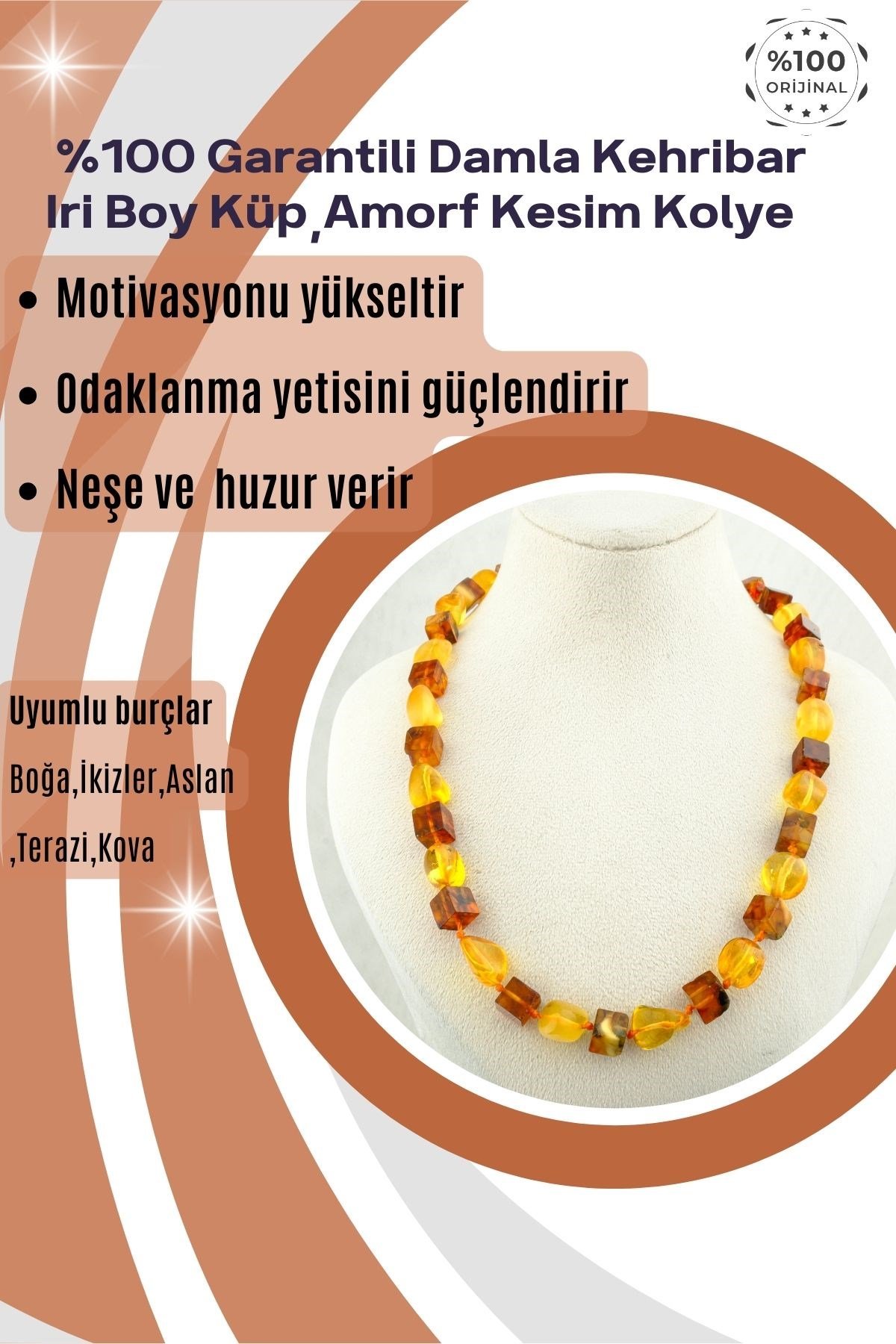 Damla Kehribar Kolye %100 Garantili Iri Boy Küp,Amorf Kesim 55cm