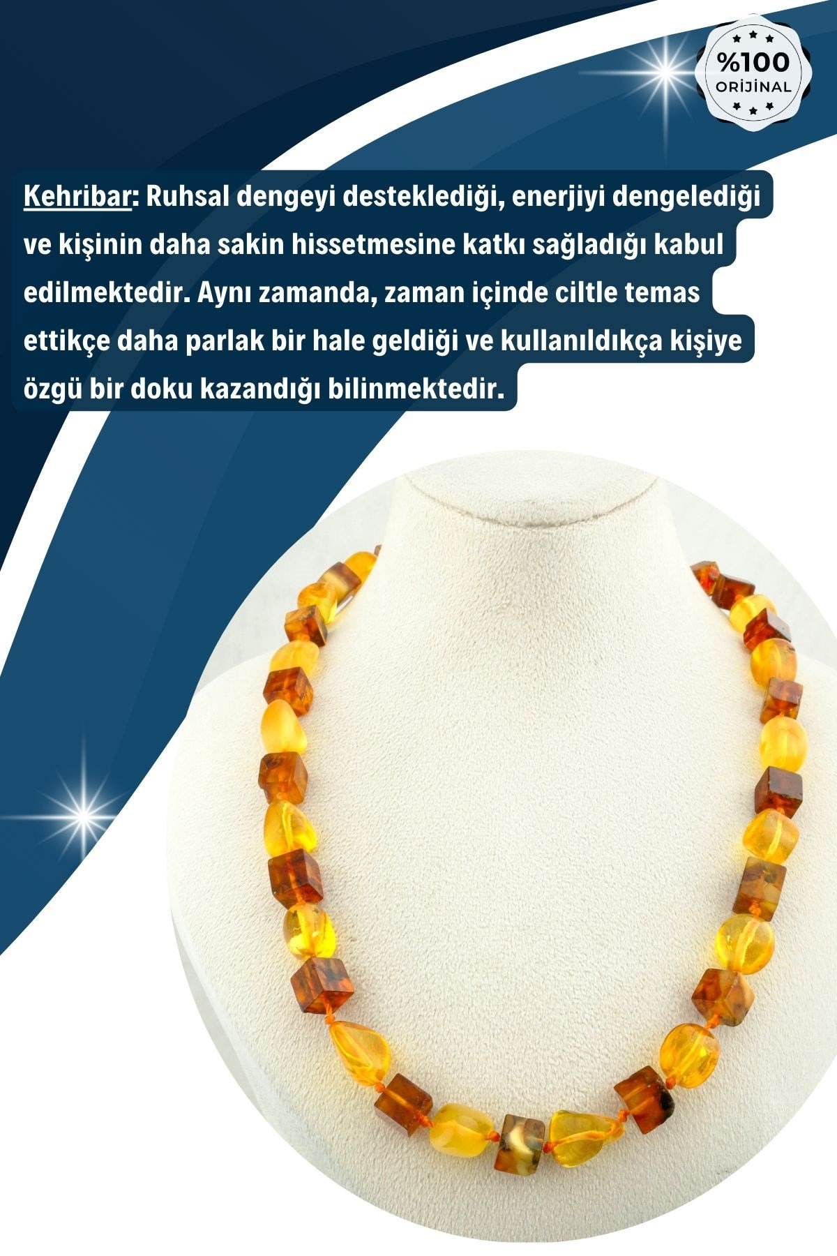 Damla Kehribar Kolye %100 Garantili Iri Boy Küp,Amorf Kesim 55cm