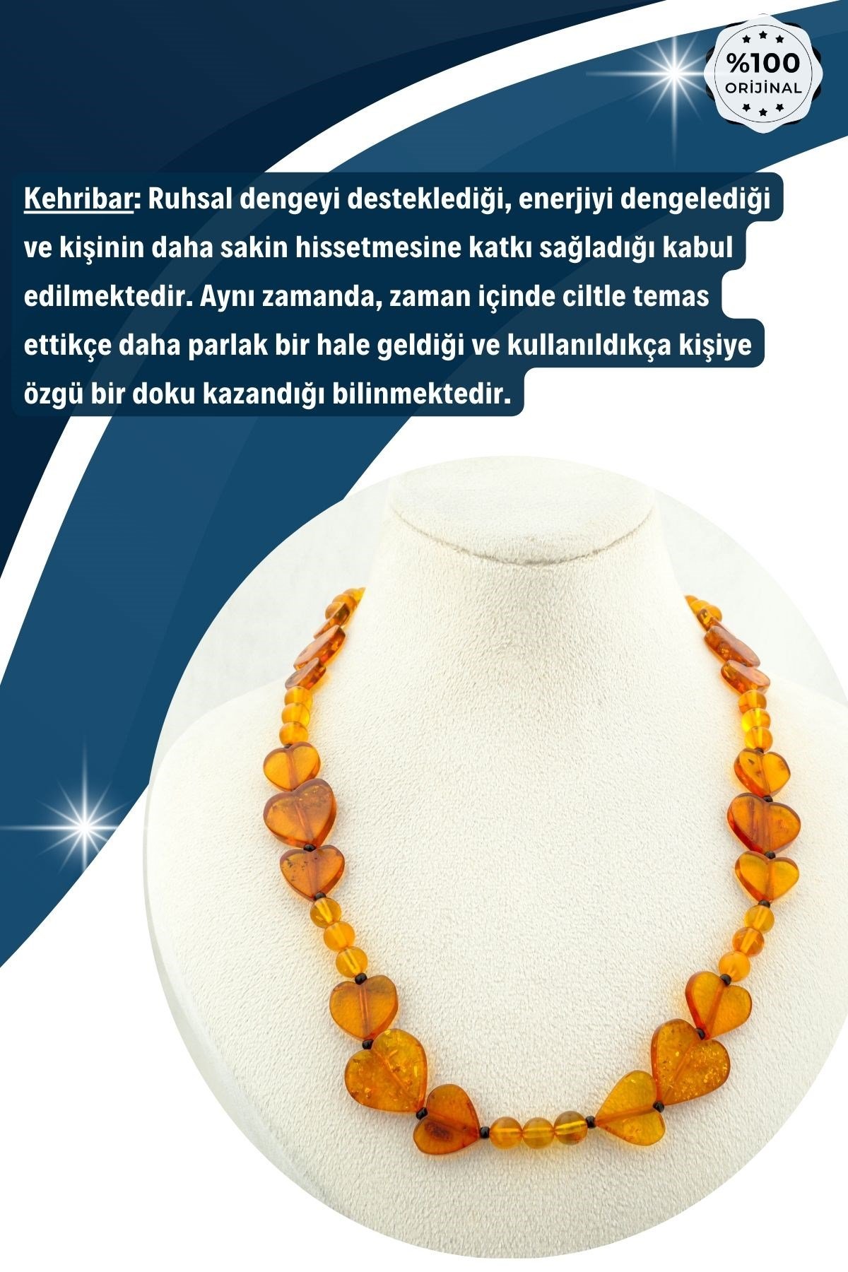 Damla Kehribar Kolye %100 Garantili Kalp Ve Küre Kesim -45 cm