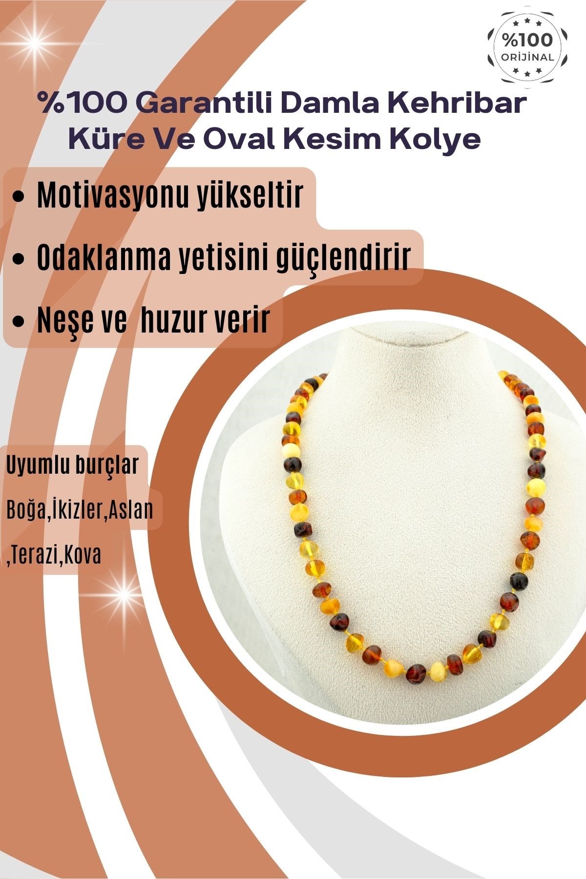 Damla Kehribar Kolye %100 Garantili Kalp Ve Küre Kesim -48 cm