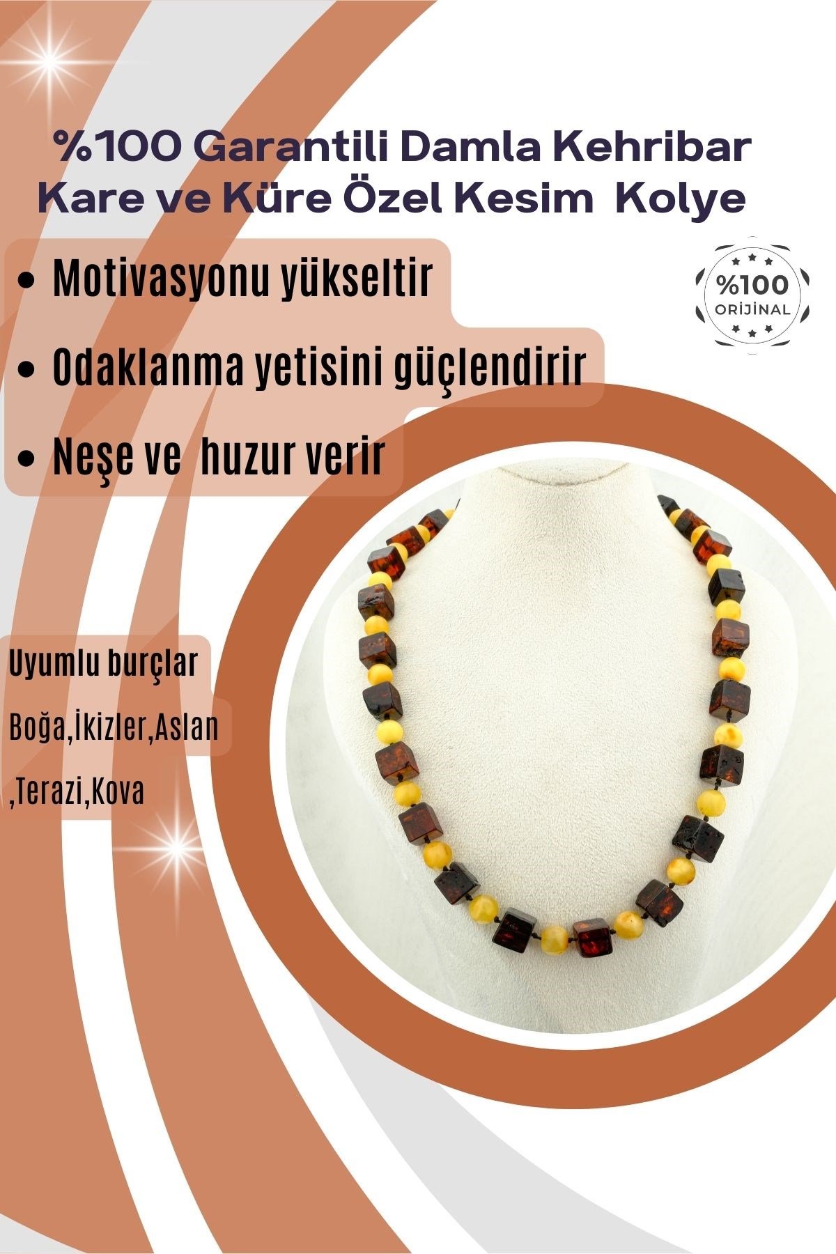 Damla Kehribar Kolye %100 Garantili Kare ve Küre Ozel Kesim