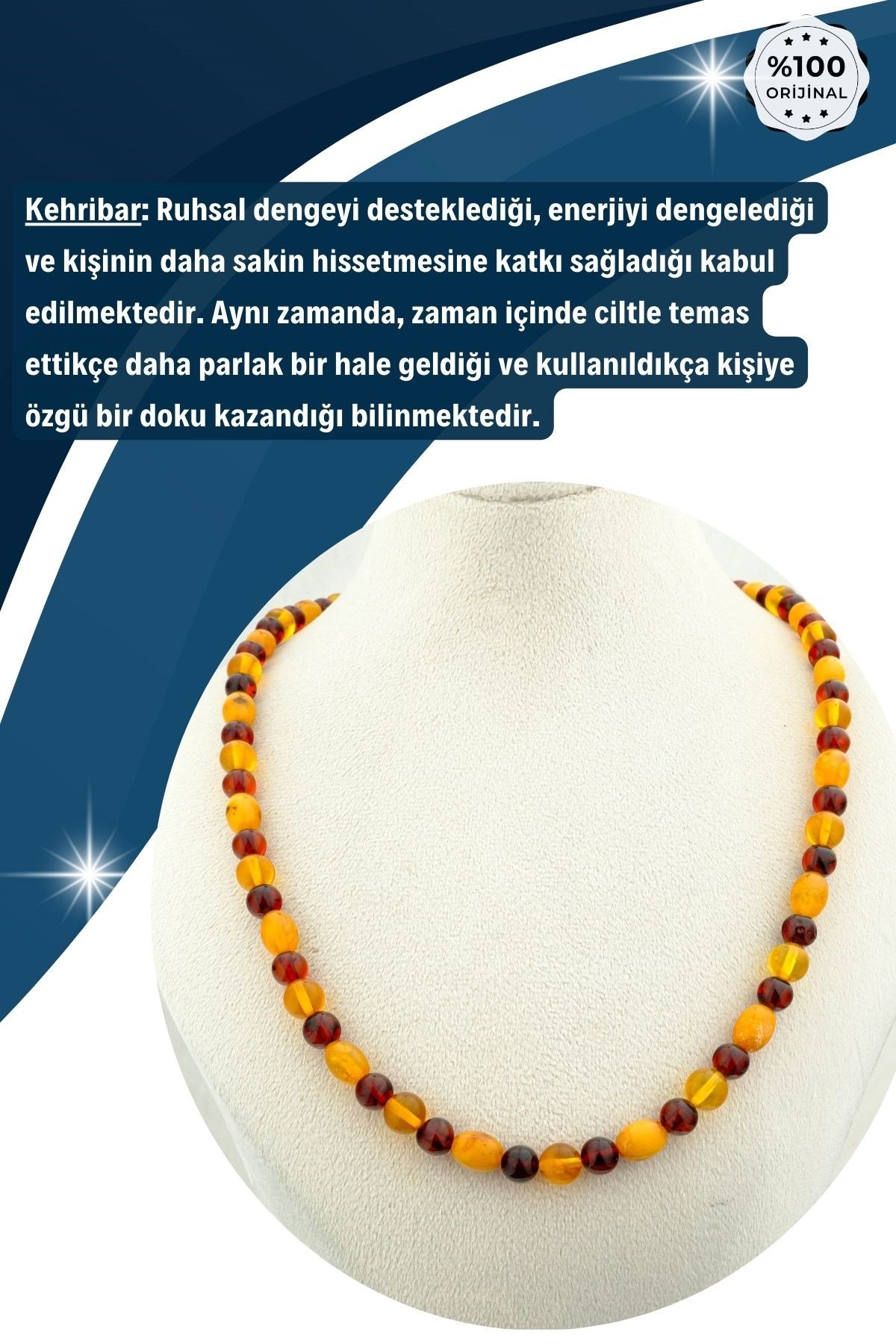 Damla Kehribar Kolye %100 Garantili Küre Ve Oval Kesim - 45 cm