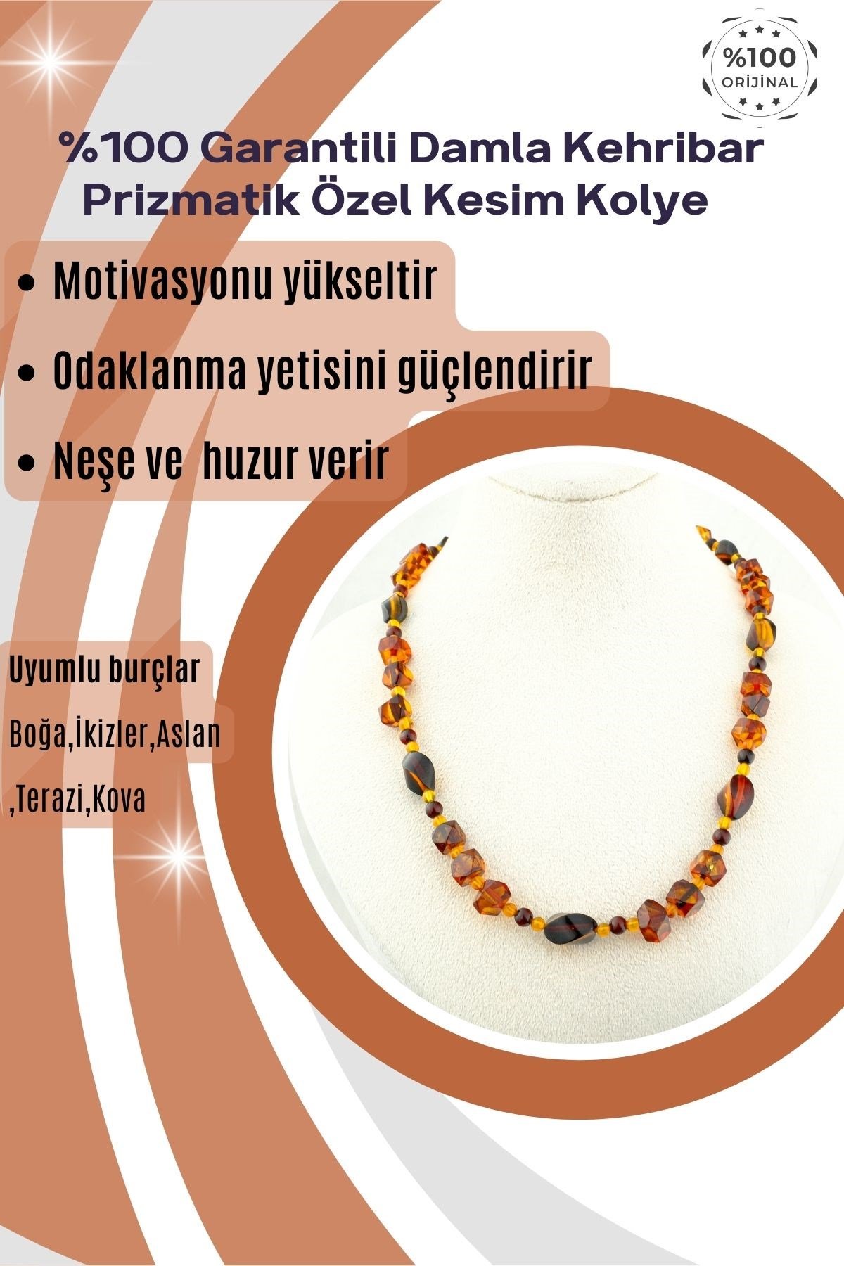 Damla Kehribar Kolye %100 Garantili Prizmatik Özel Kesim 45 Cm