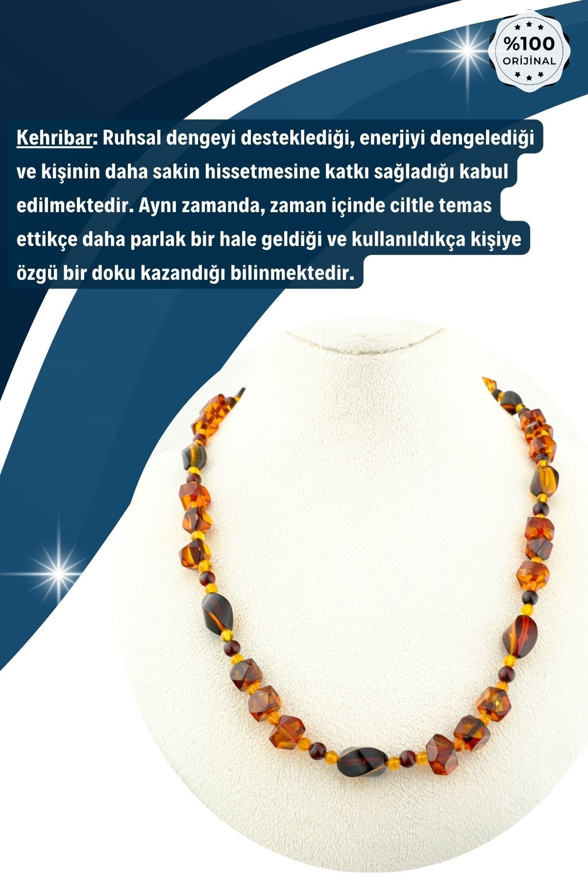 Damla Kehribar Kolye %100 Garantili Prizmatik Özel Kesim 45 Cm