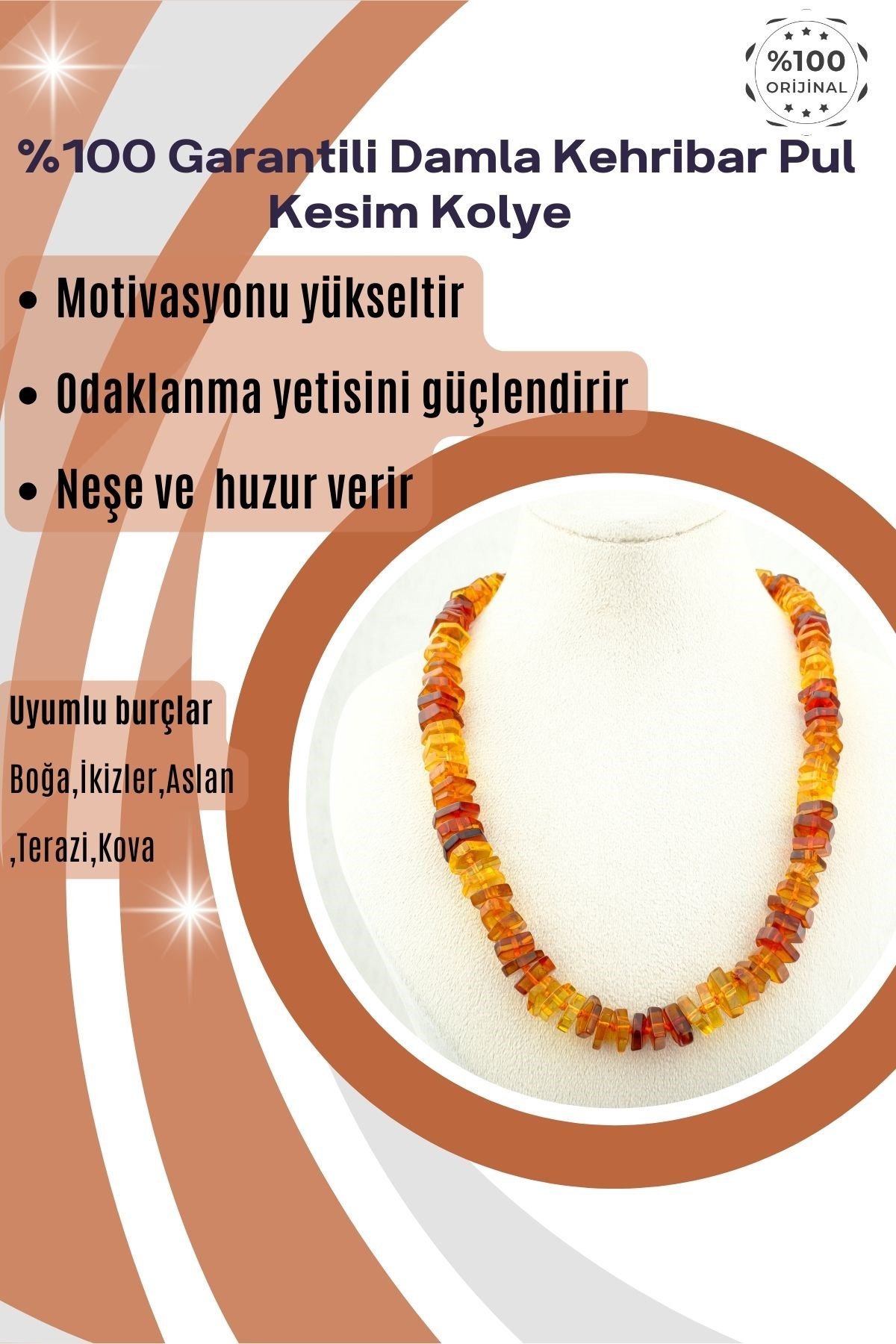 Damla Kehribar Kolye %100 Garantili Pul Kesim 45 cm