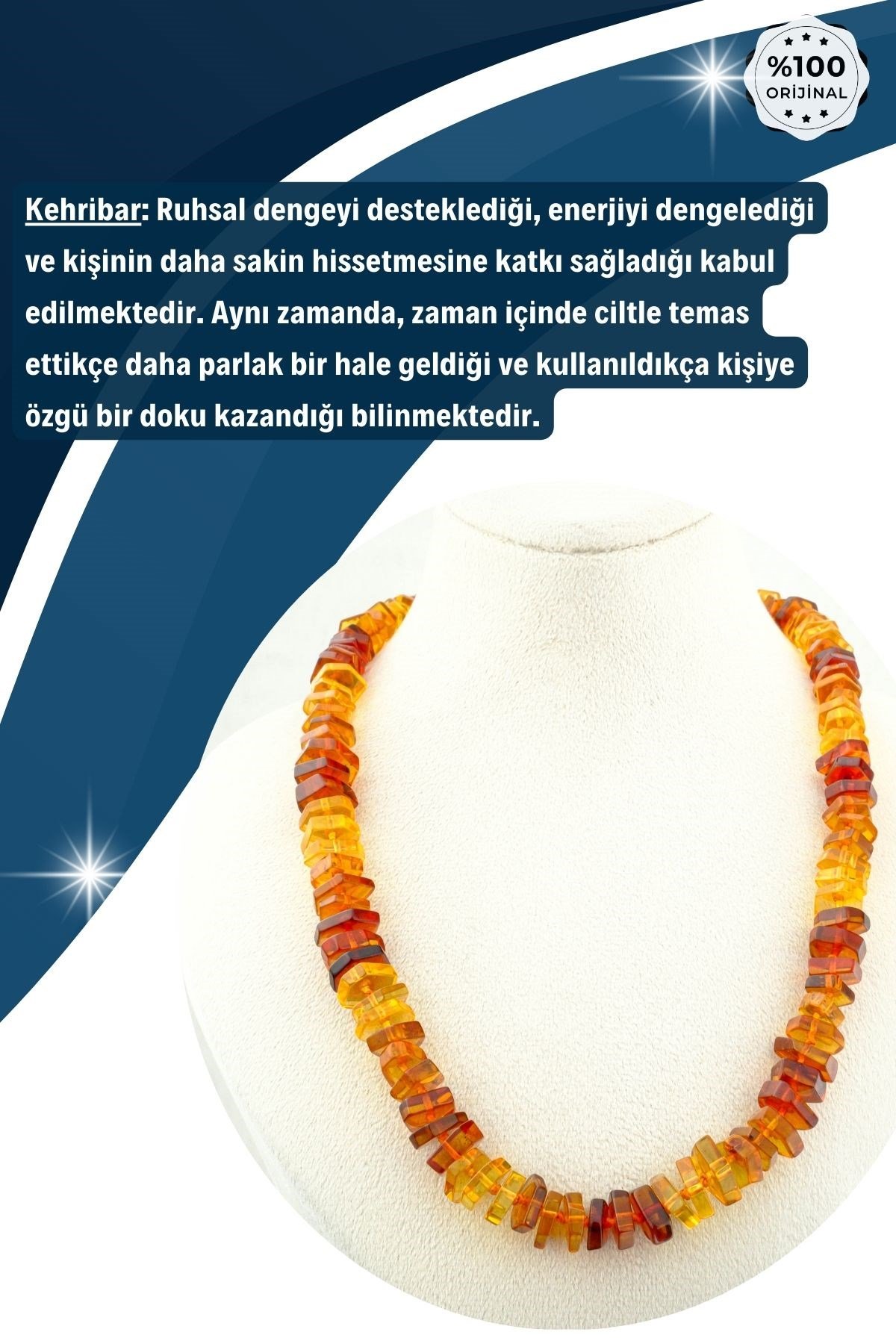 Damla Kehribar Kolye %100 Garantili Pul Kesim 45 cm